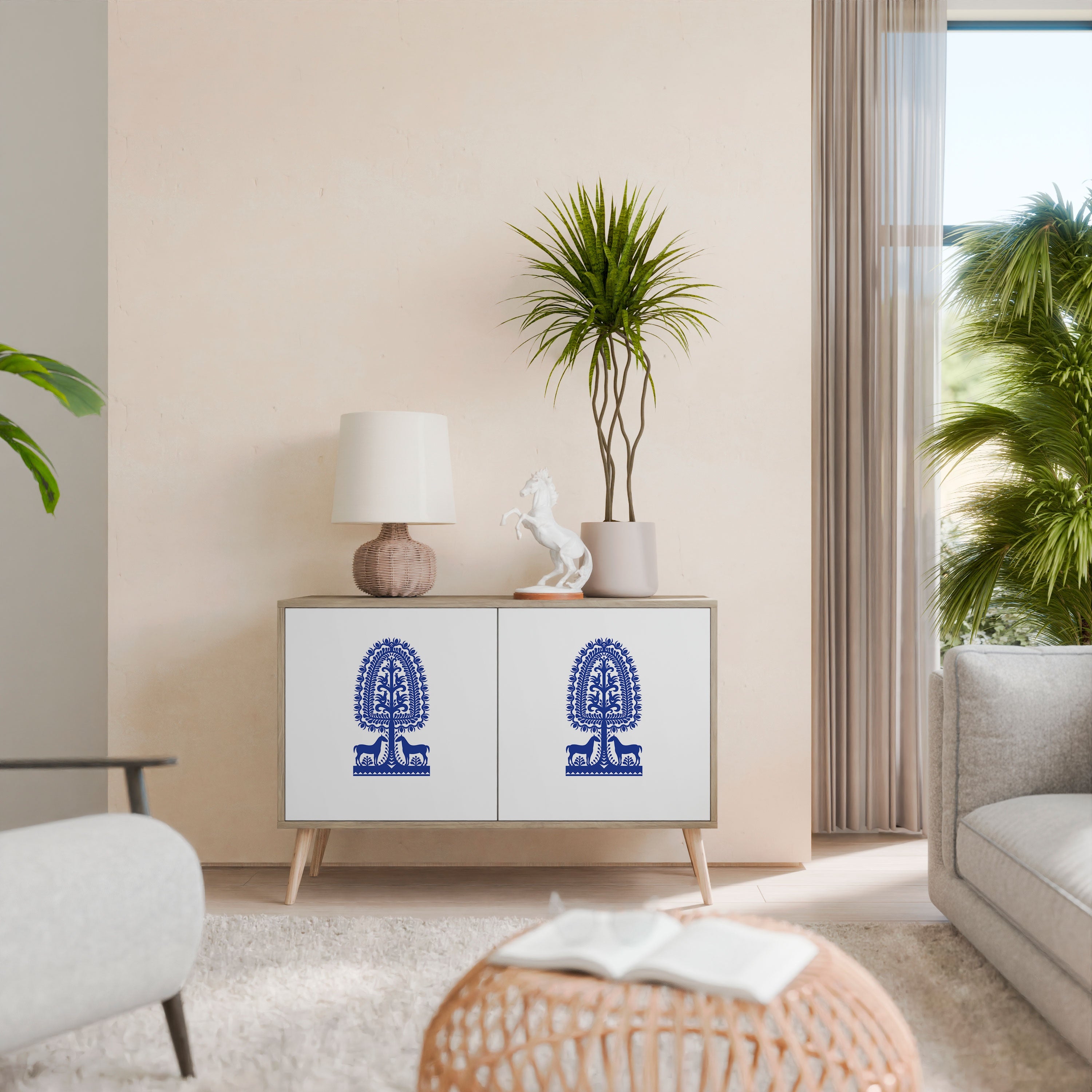 POLISH FOLK ART 2-Door Sideboard in Oak Effect