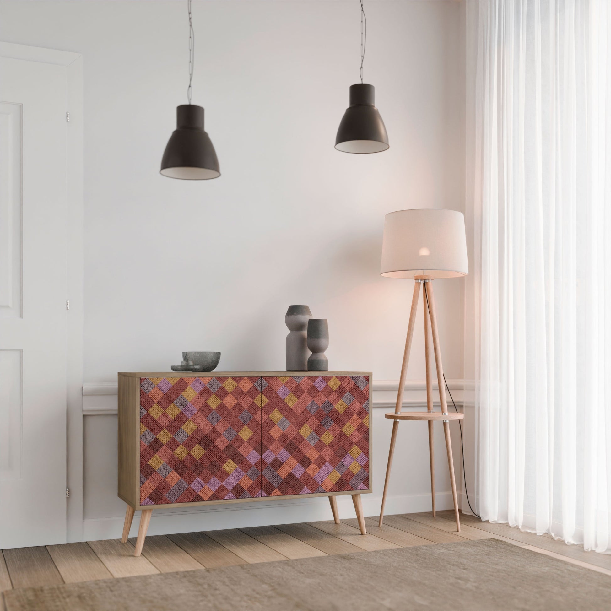 PAINTED SQUARES 2-Door Sideboard in Oak Effect