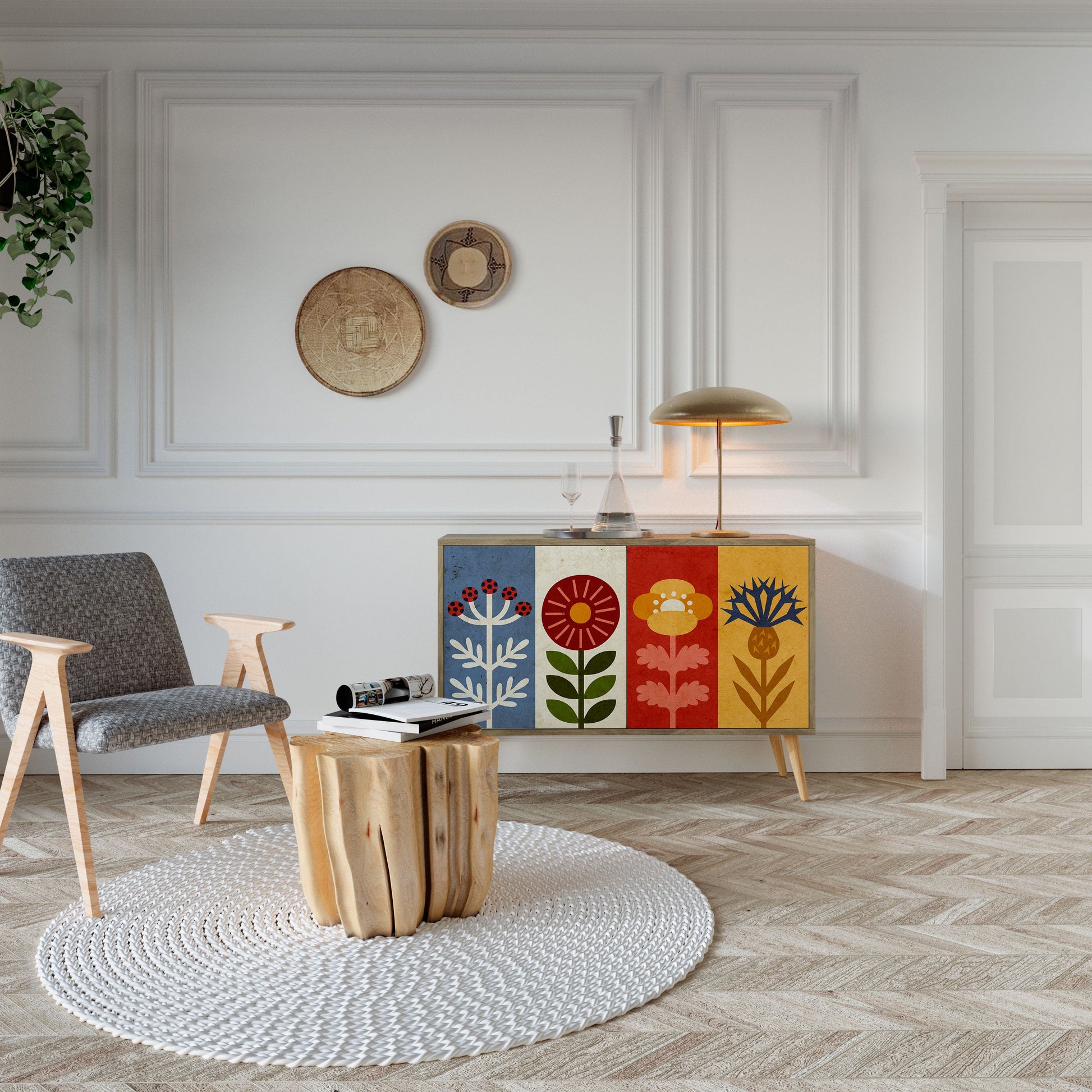 Buffet 2 portes SCANDIC FLOWERET effet chêne