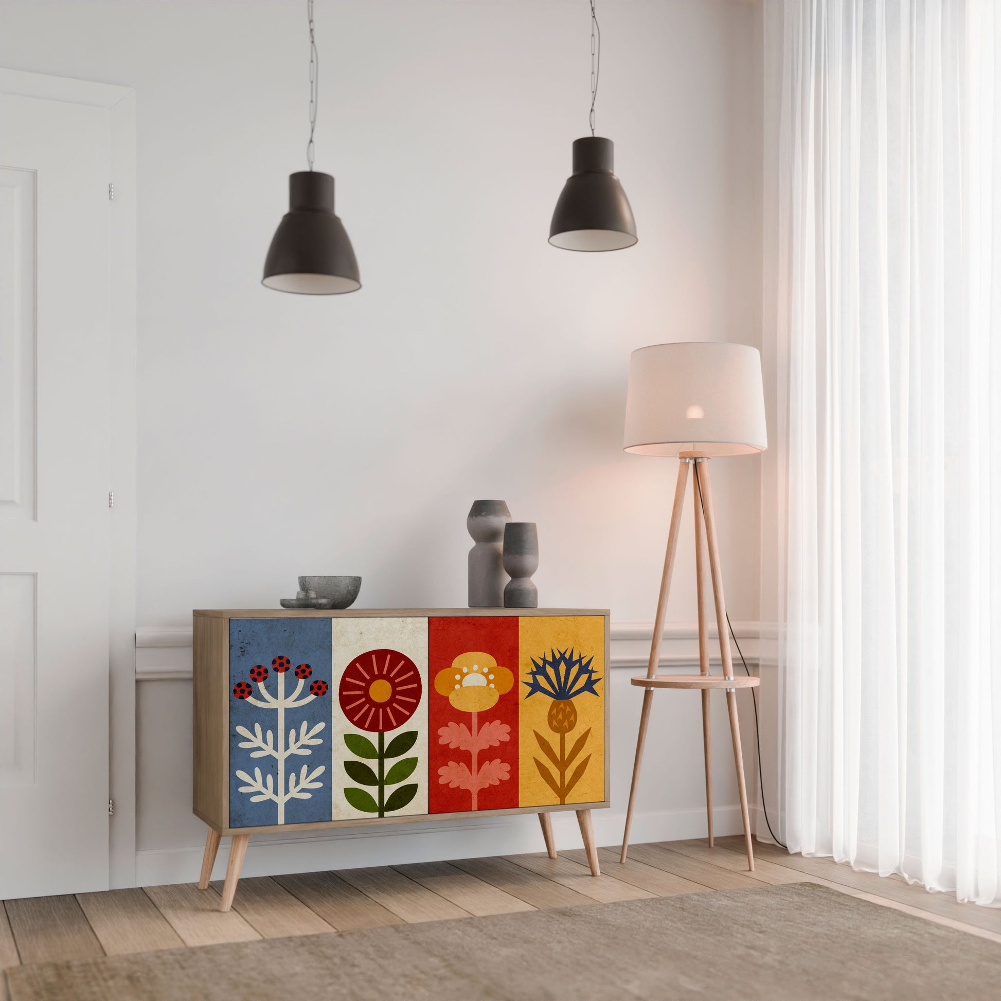 Buffet 2 portes SCANDIC FLOWERET effet chêne