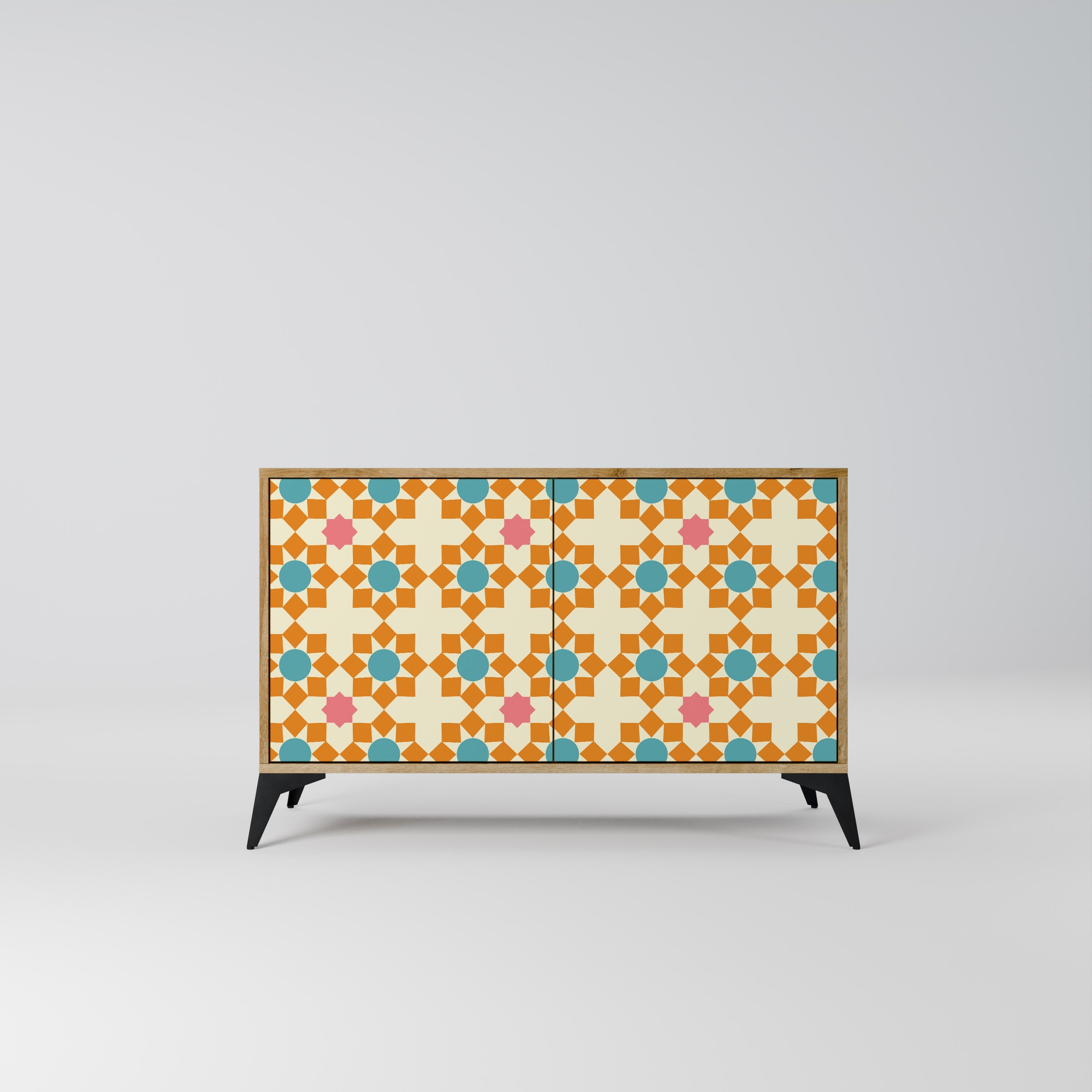 Buffet 2 portes effet chêne à décor floral