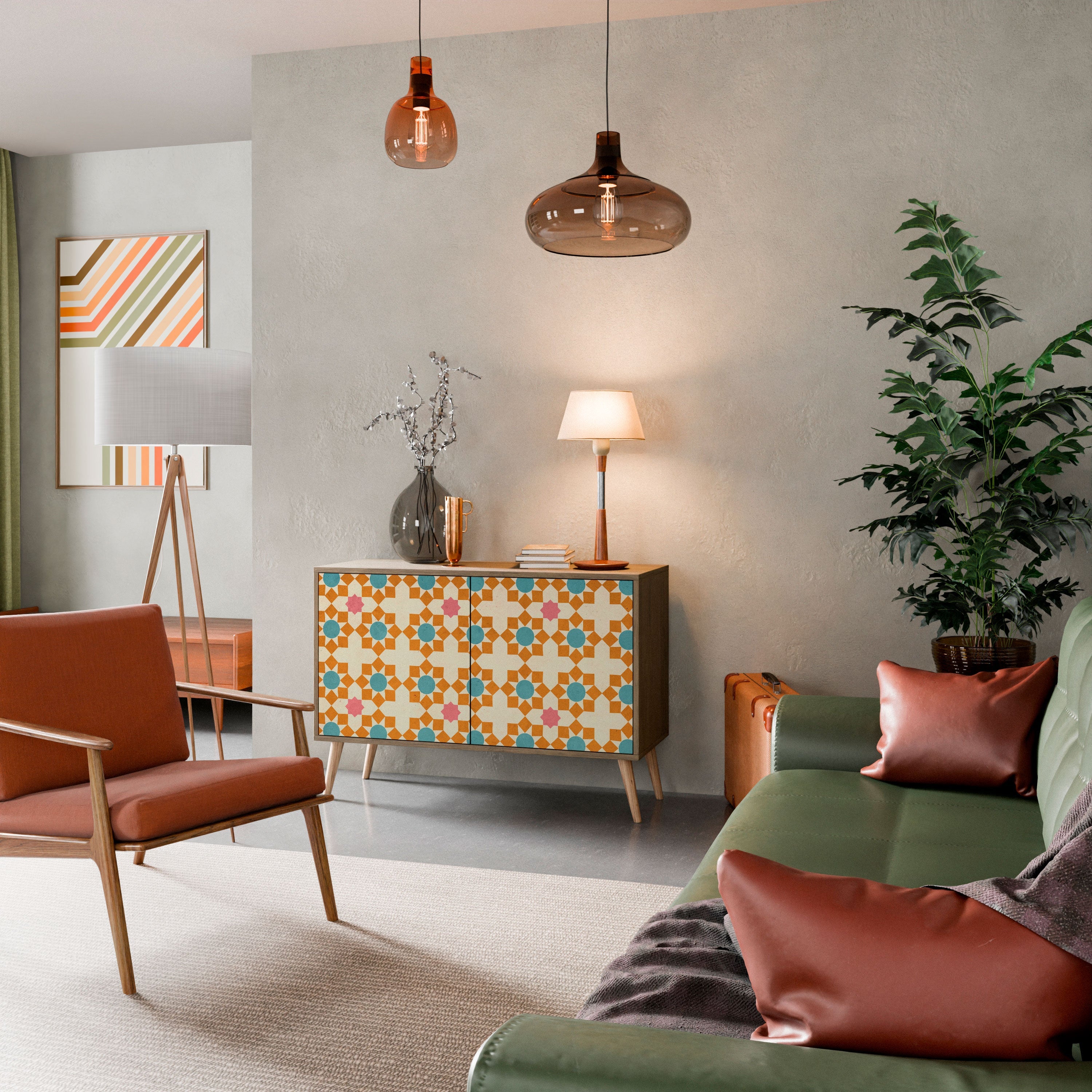 Buffet 2 portes effet chêne à décor floral