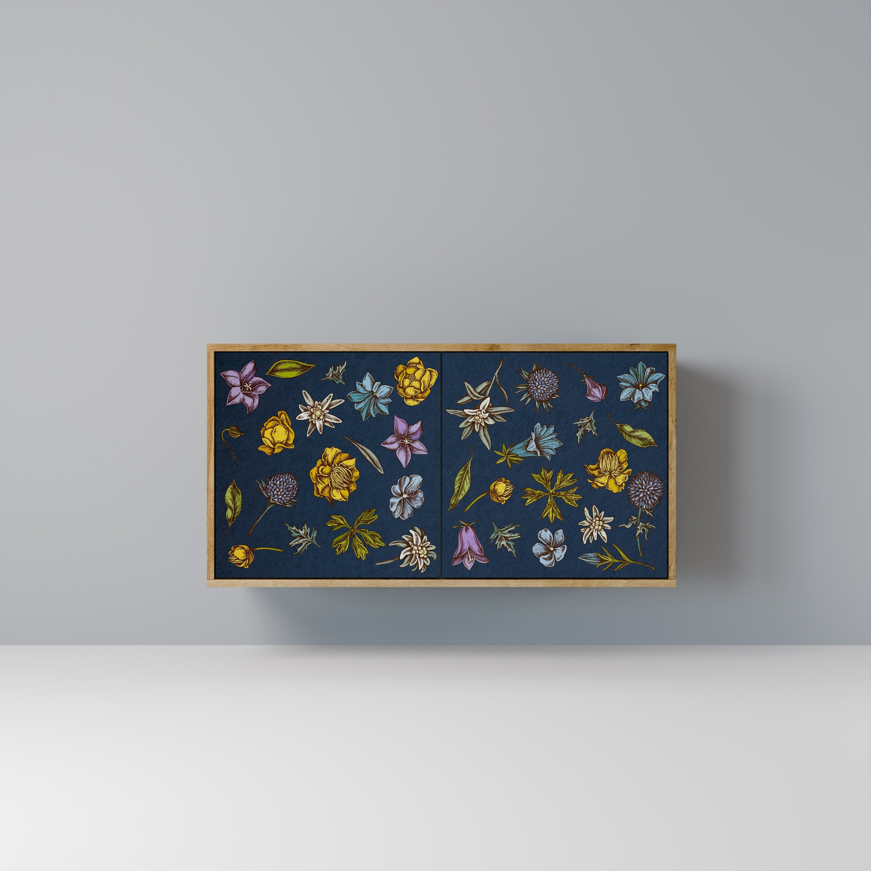 Buffet 2 portes effet chêne, motif fleurs sur fond bleu marine