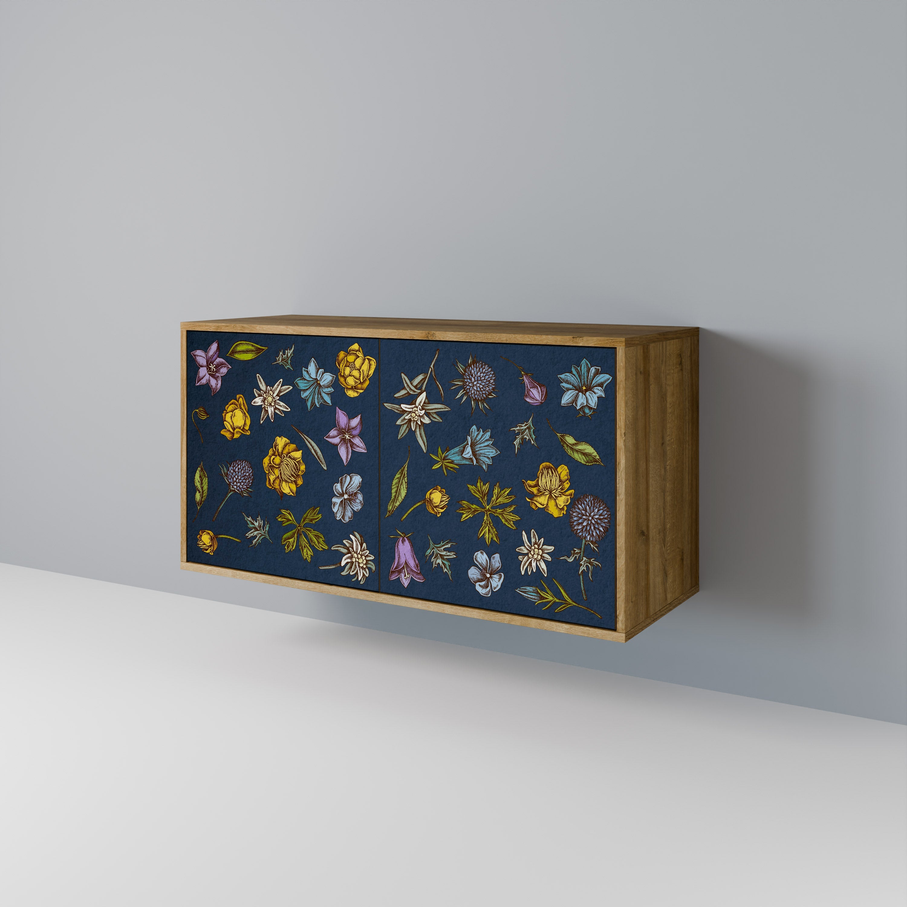 Buffet 2 portes effet chêne, motif fleurs sur fond bleu marine