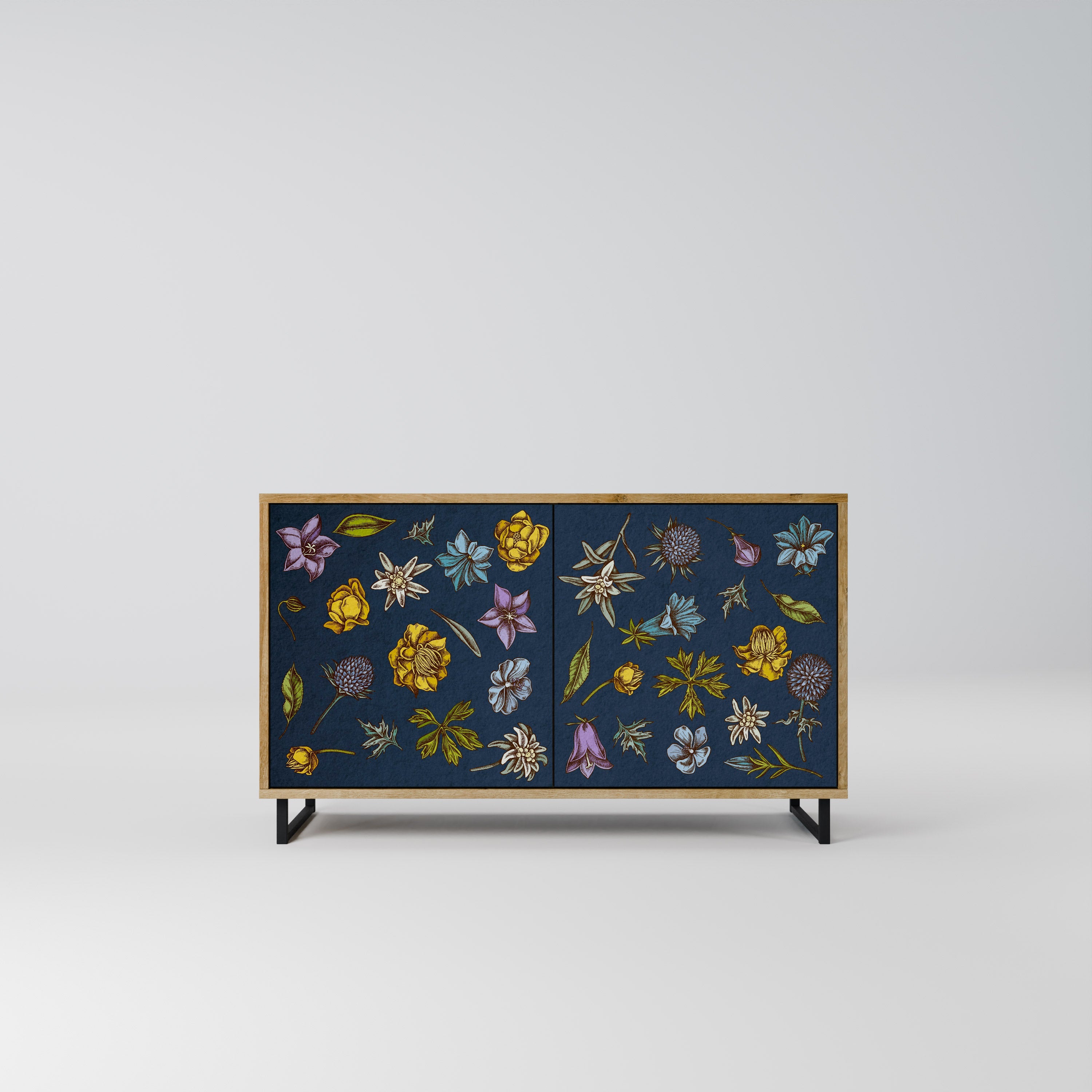 Buffet 2 portes effet chêne, motif fleurs sur fond bleu marine