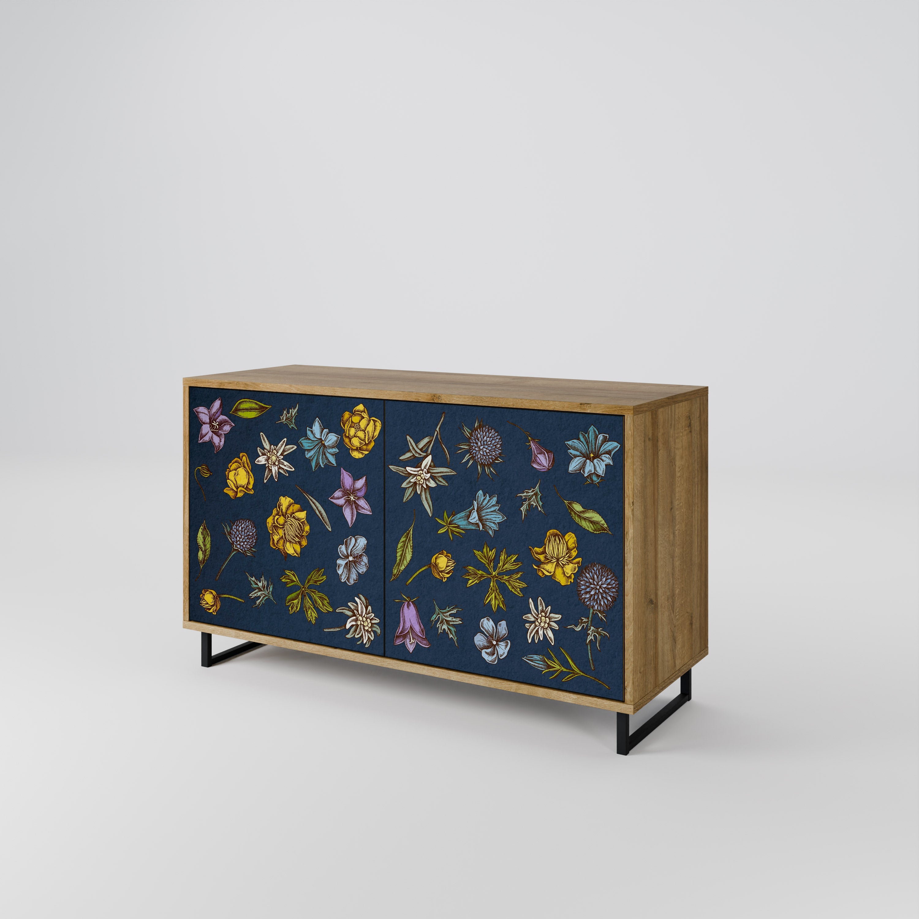 Buffet 2 portes effet chêne, motif fleurs sur fond bleu marine