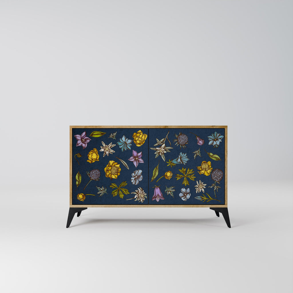 Buffet 2 portes effet chêne, motif fleurs sur fond bleu marine