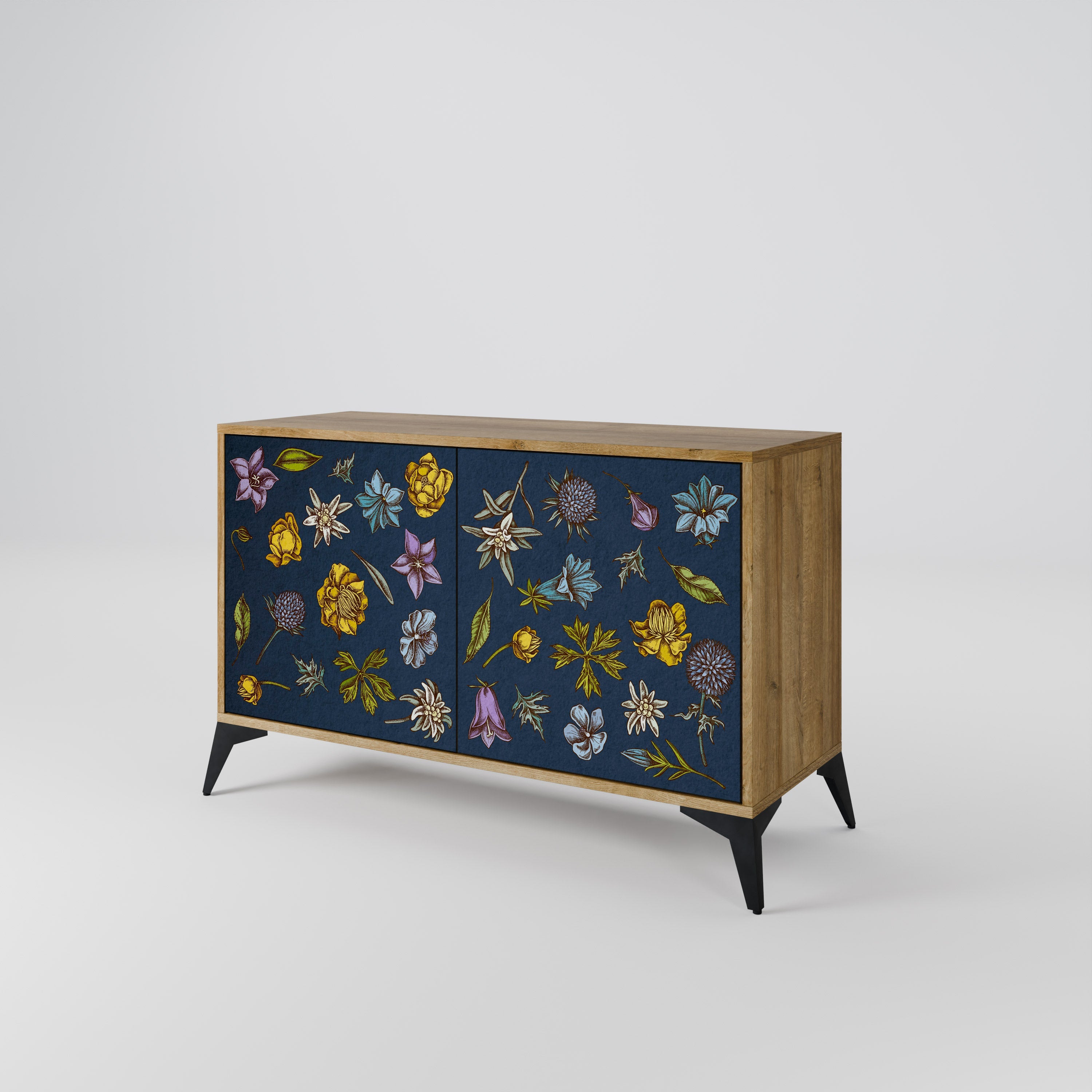 Buffet 2 portes effet chêne, motif fleurs sur fond bleu marine