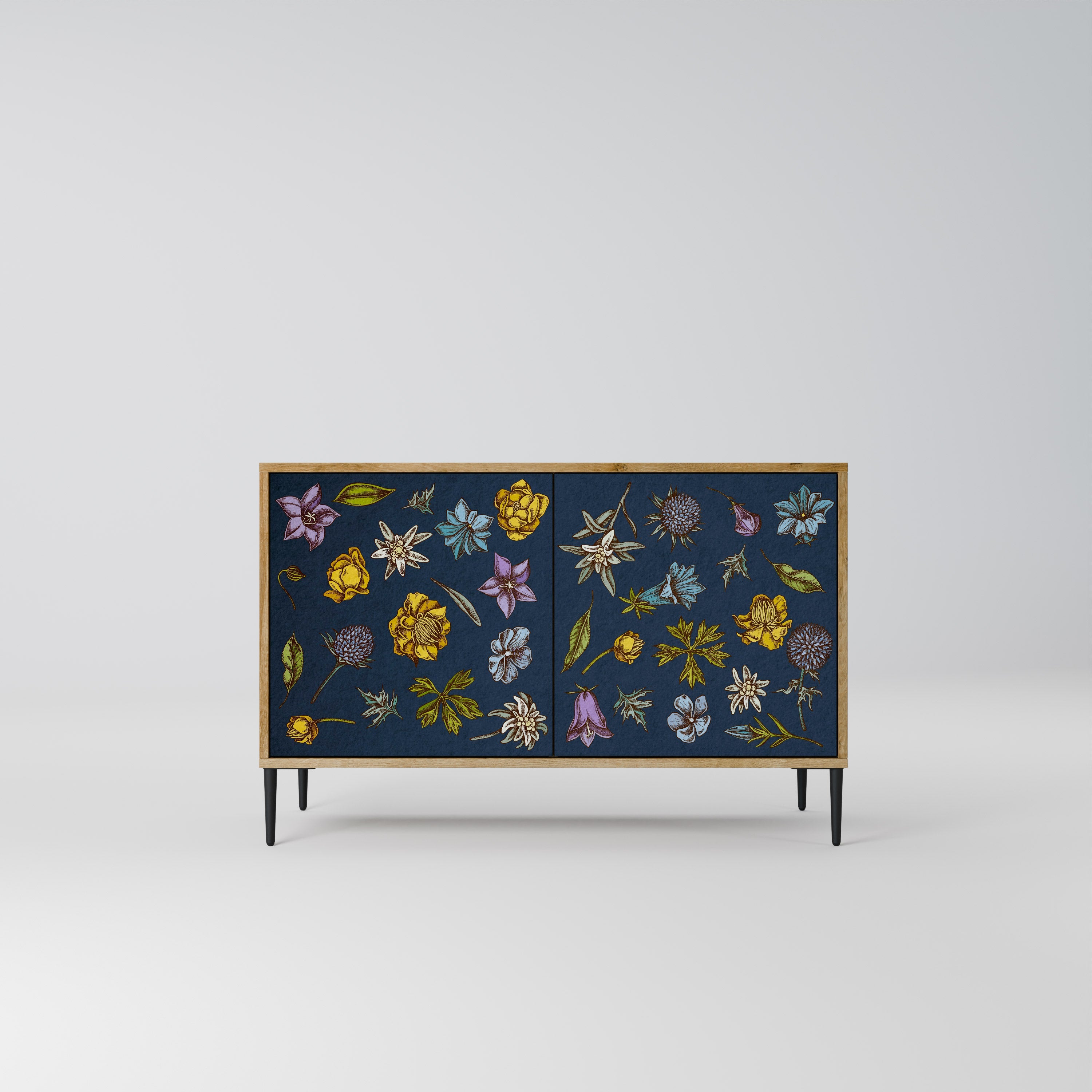 Buffet 2 portes effet chêne, motif fleurs sur fond bleu marine