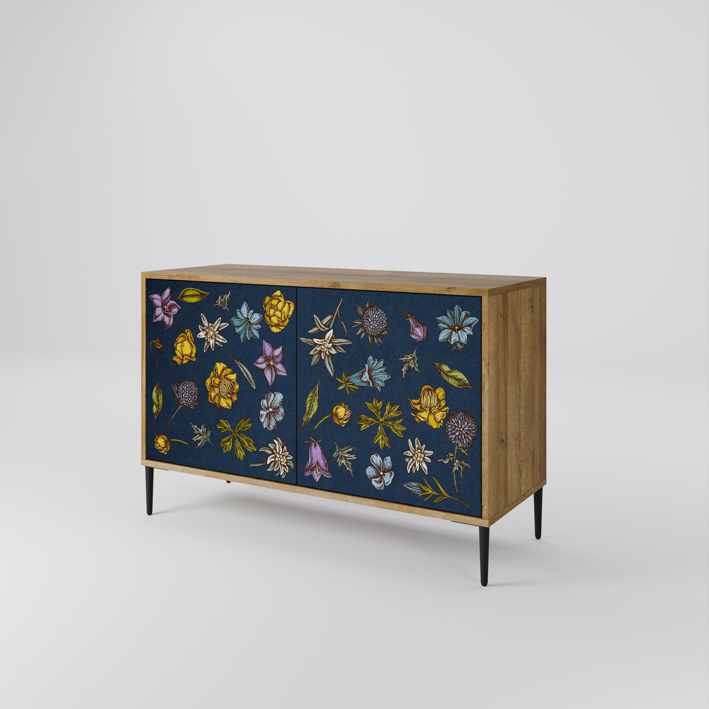 Buffet 2 portes effet chêne, motif fleurs sur fond bleu marine