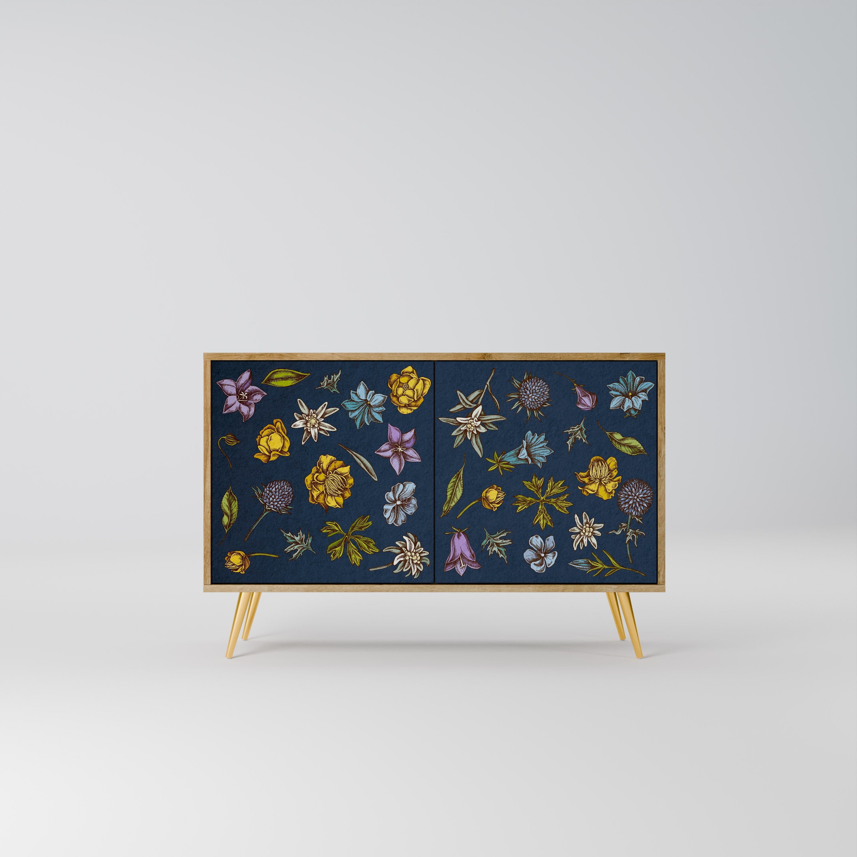 Buffet 2 portes effet chêne, motif fleurs sur fond bleu marine
