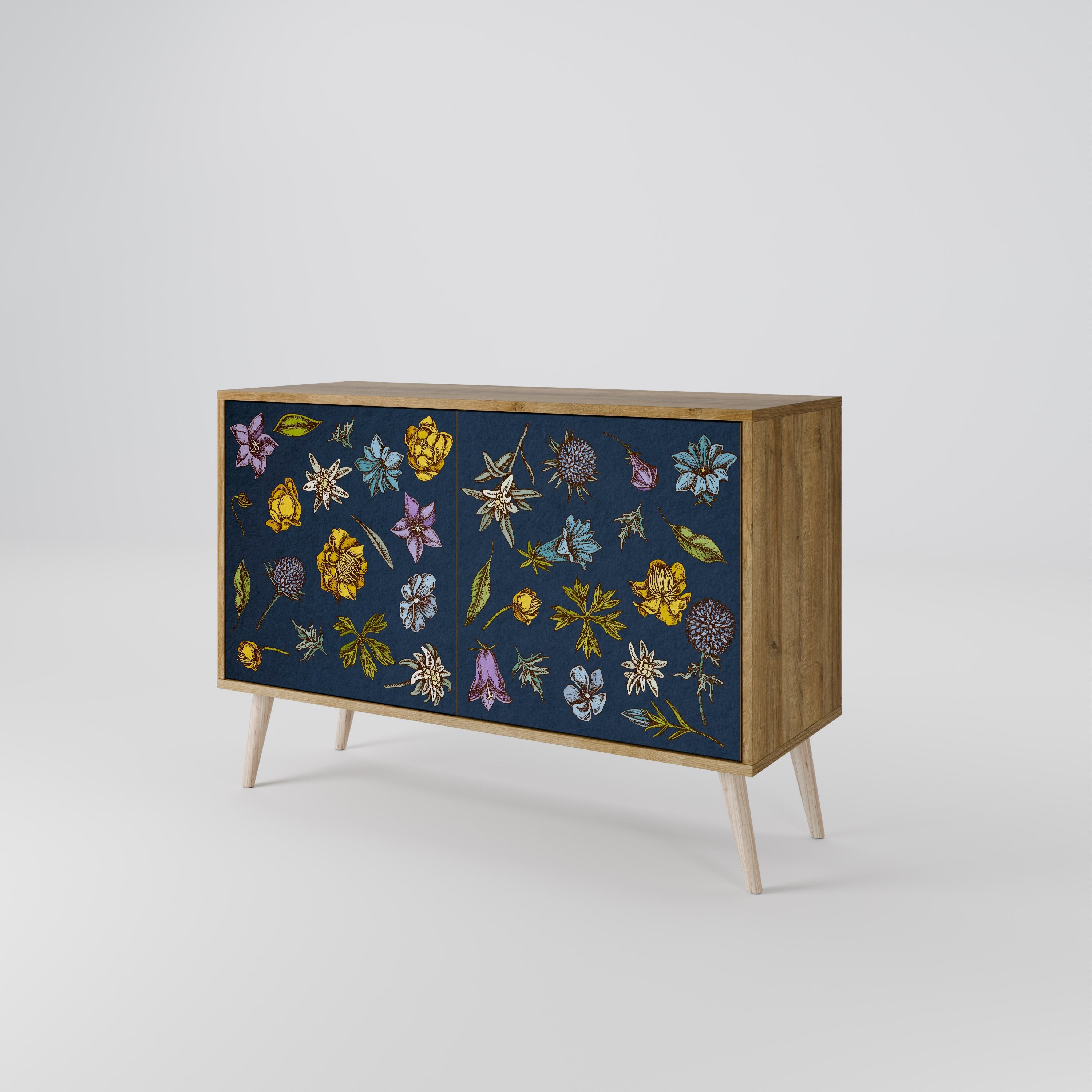 Buffet 2 portes effet chêne, motif fleurs sur fond bleu marine