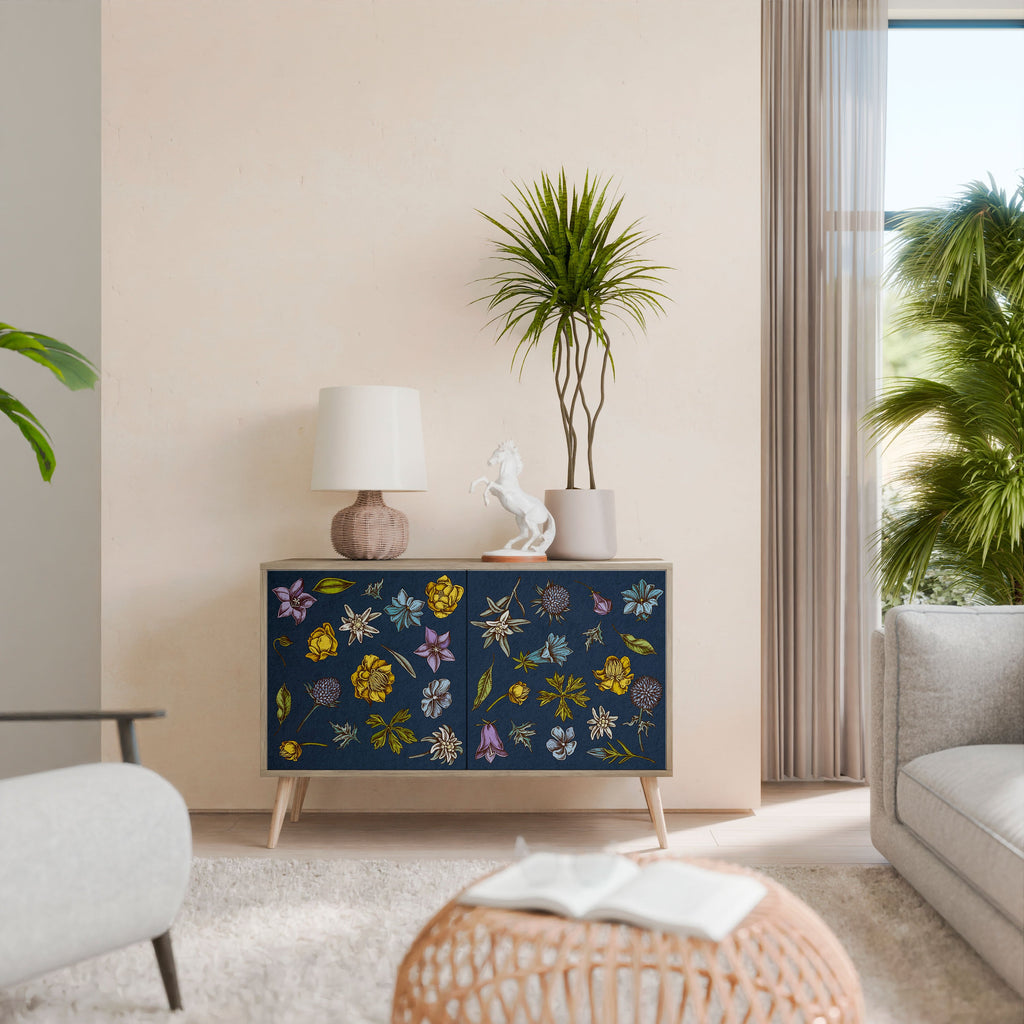 Buffet 2 portes effet chêne, motif fleurs sur fond bleu marine
