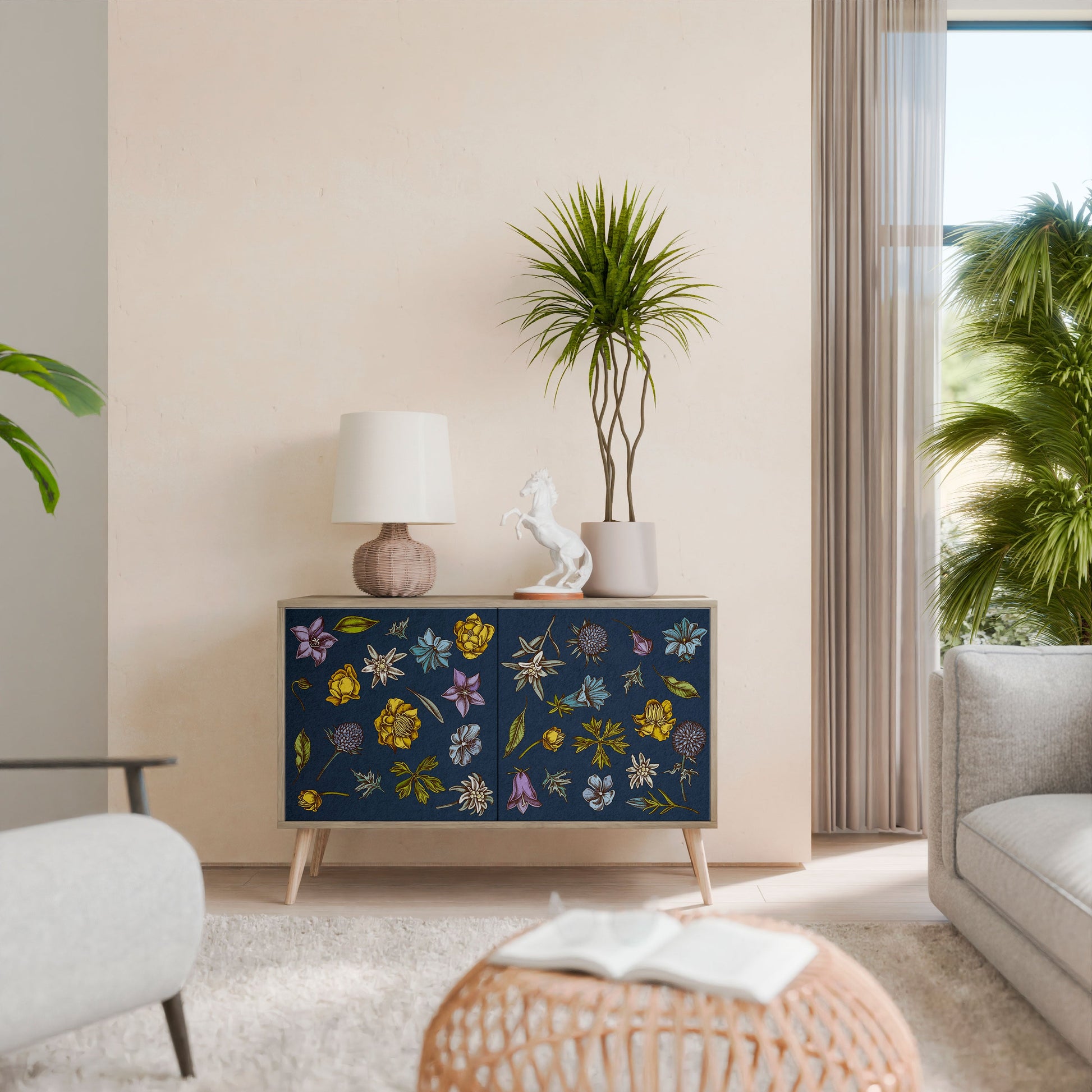 Buffet 2 portes effet chêne, motif fleurs sur fond bleu marine