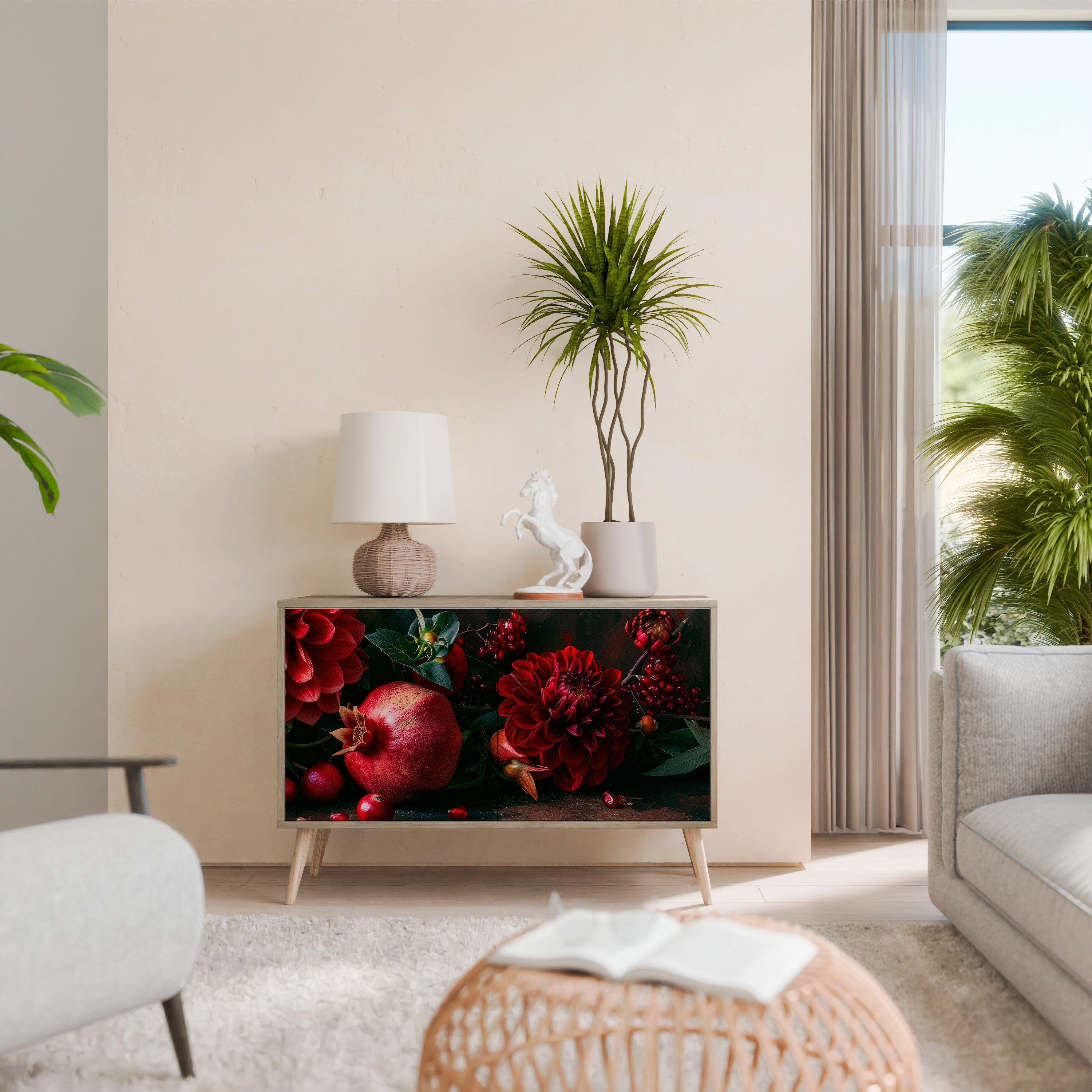 Buffet 2 portes effet chêne DAHLIAS ET GRENADES