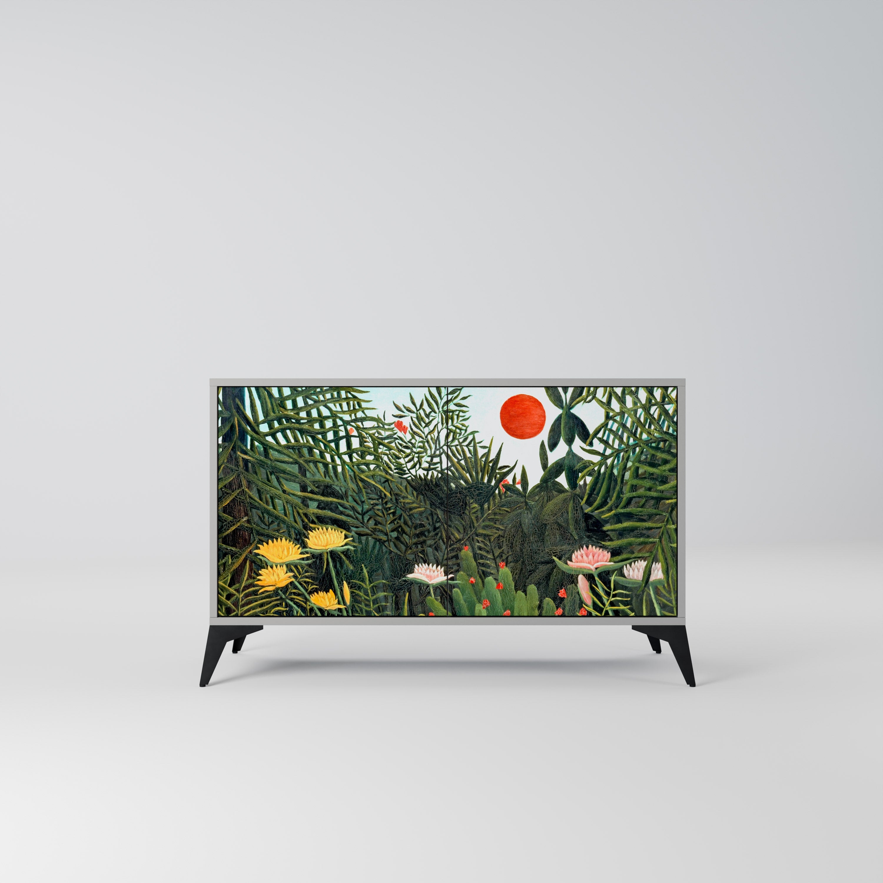 Buffet 2 portes FORÊT VIERGE AVEC COUCHER DE SOLEIL en finition grise