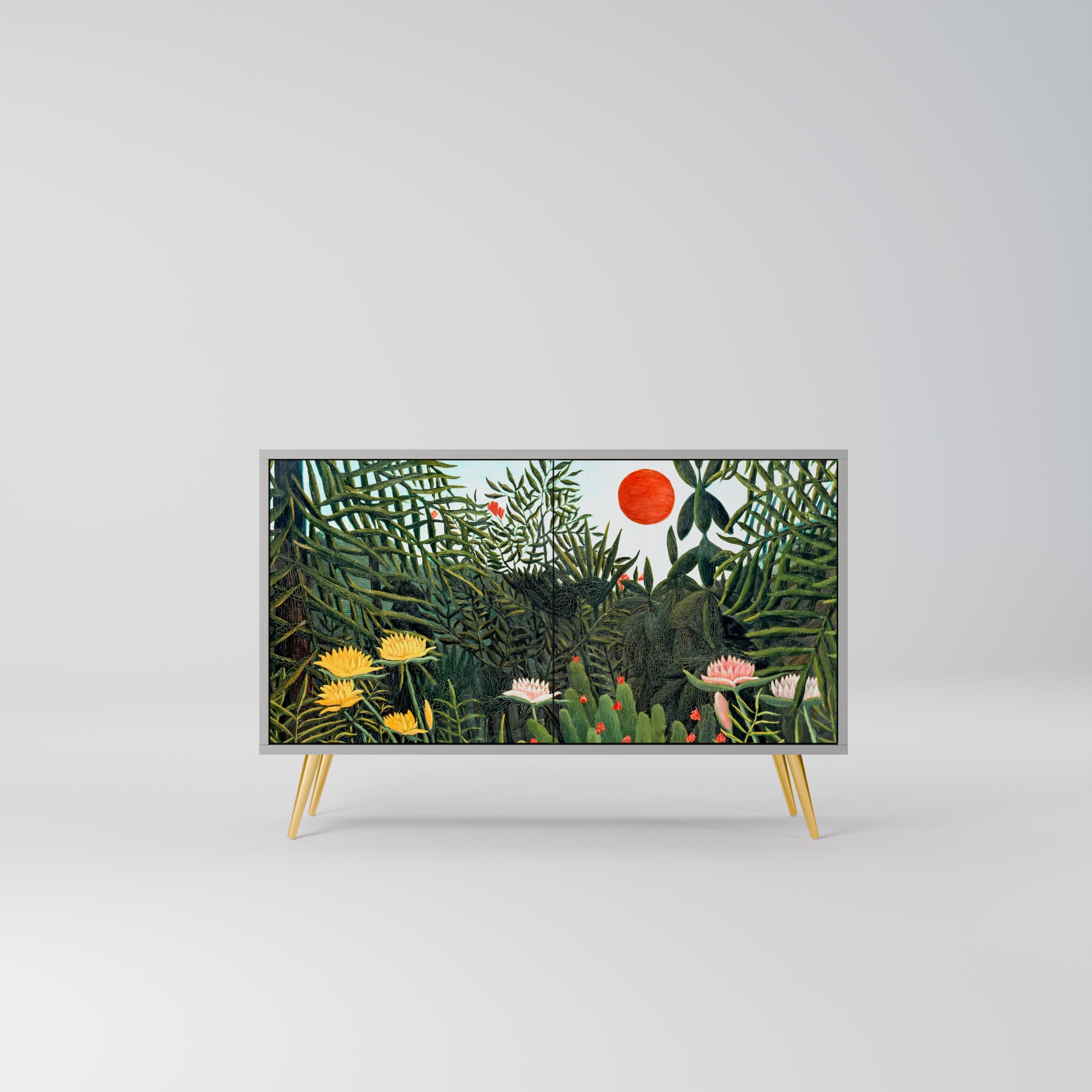 Buffet 2 portes FORÊT VIERGE AVEC COUCHER DE SOLEIL en finition grise