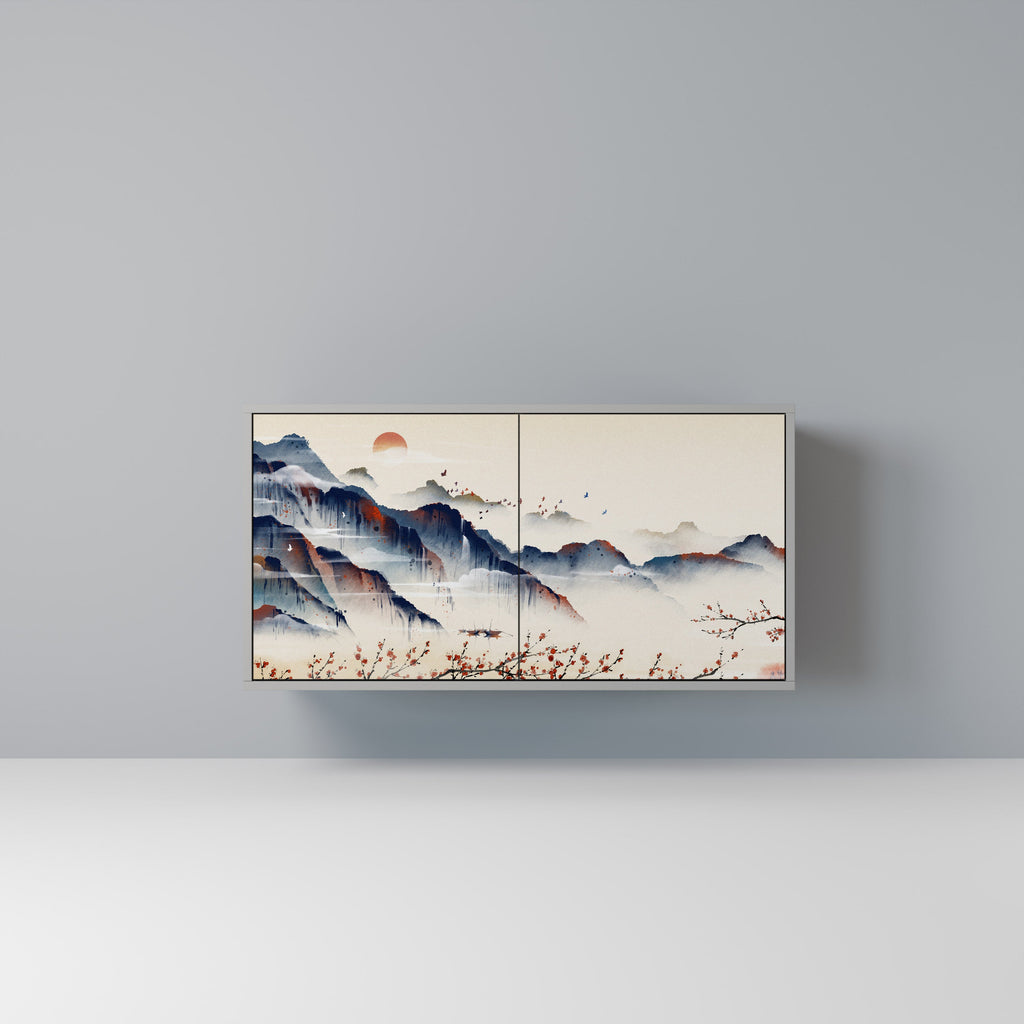 Buffet 2 portes PAYSAGE JAPONAIS finition grise