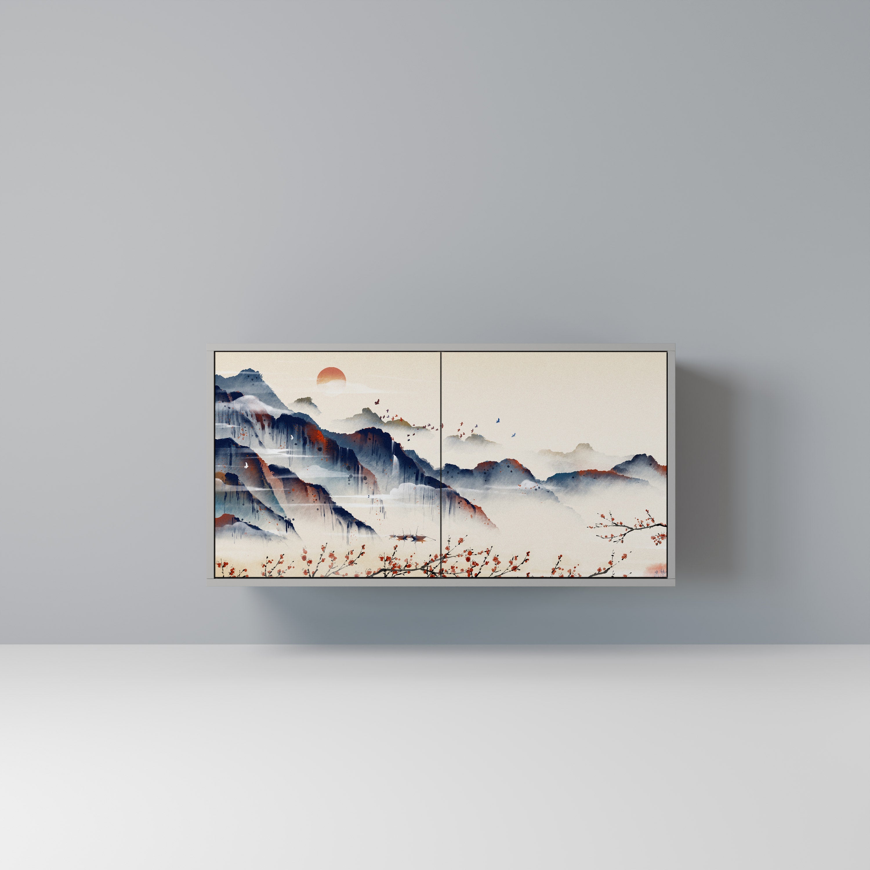 Buffet 2 portes PAYSAGE JAPONAIS finition grise