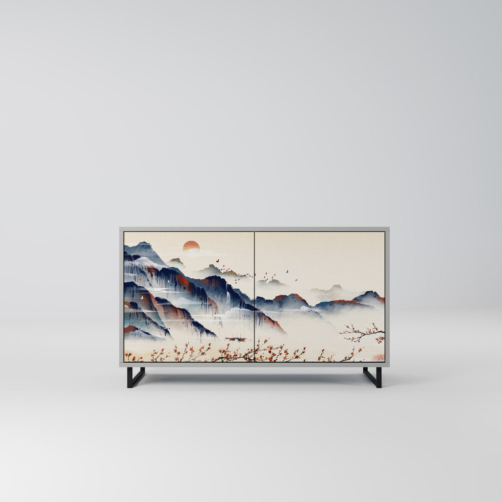 Buffet 2 portes PAYSAGE JAPONAIS finition grise