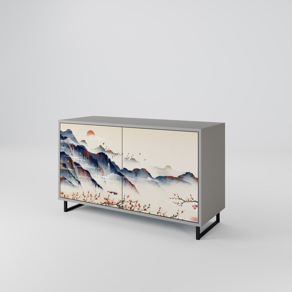 Buffet 2 portes PAYSAGE JAPONAIS finition grise