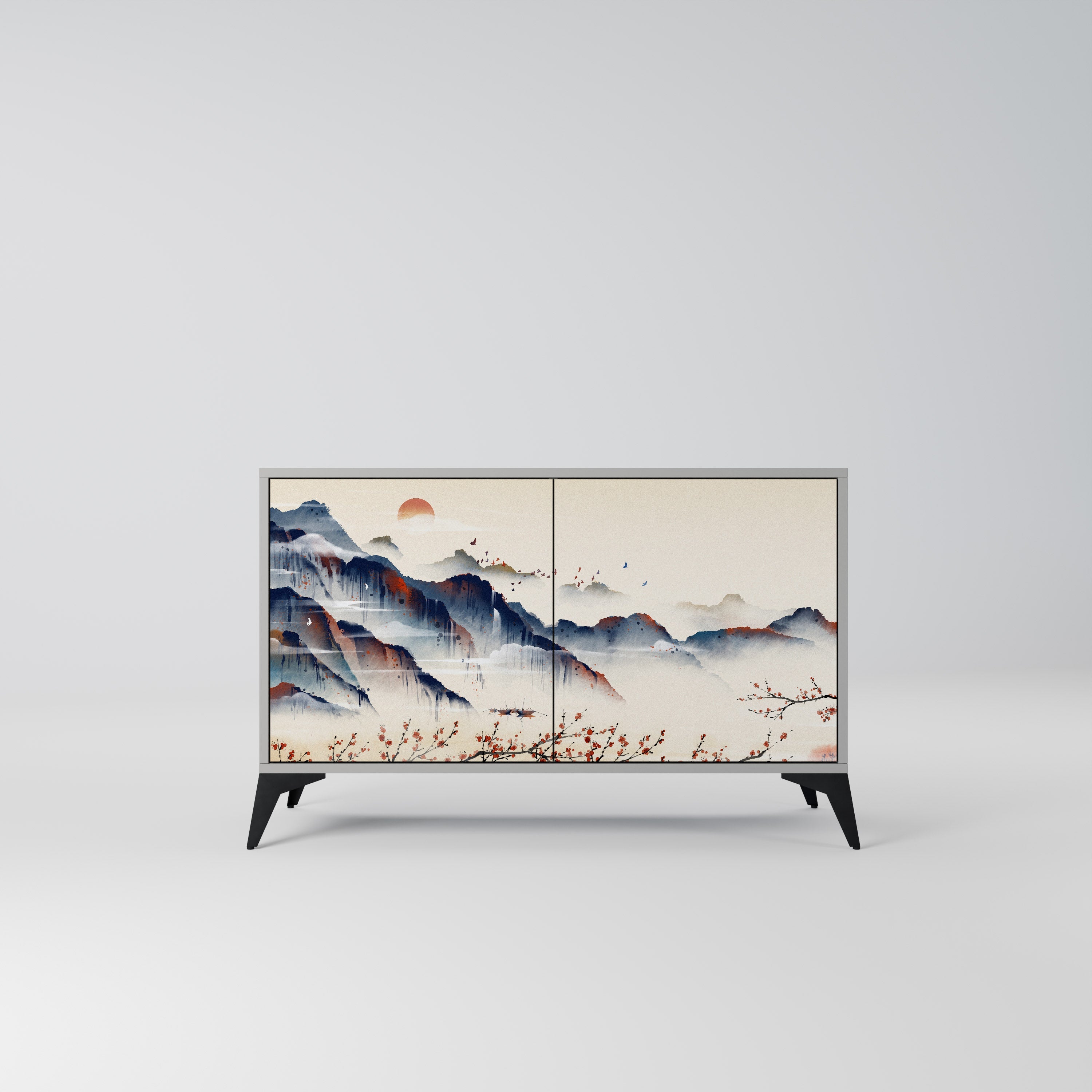 Buffet 2 portes PAYSAGE JAPONAIS finition grise