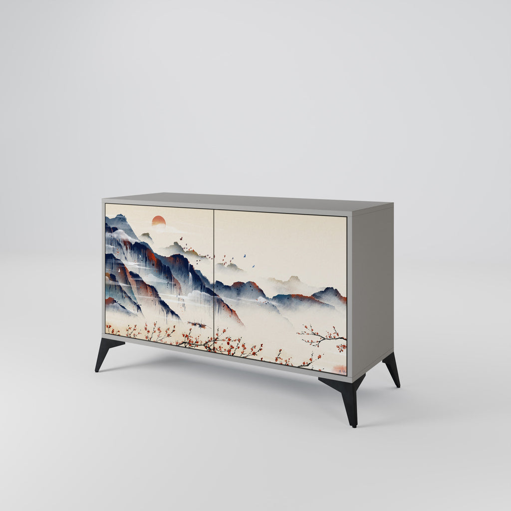 Buffet 2 portes PAYSAGE JAPONAIS finition grise