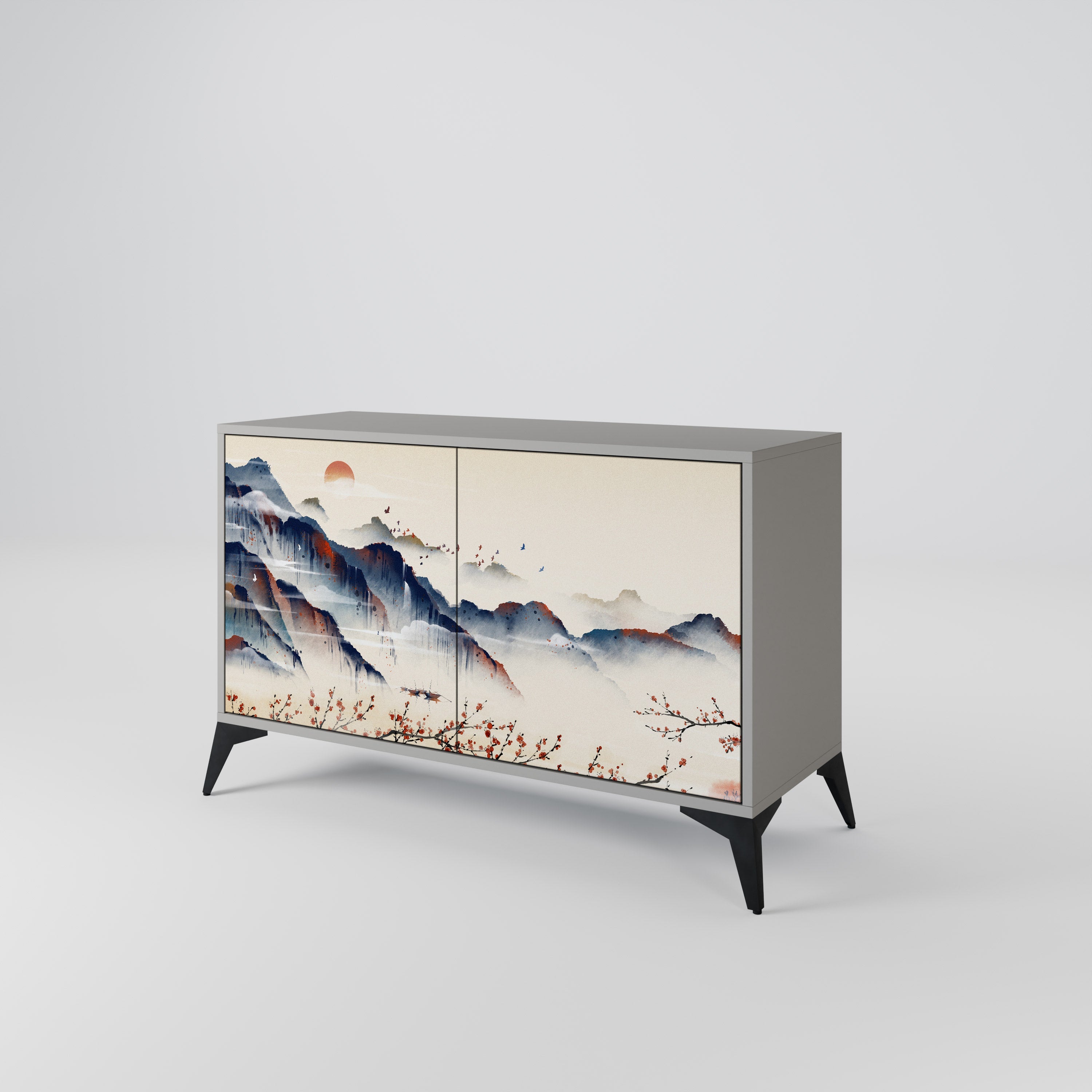 Buffet 2 portes PAYSAGE JAPONAIS finition grise
