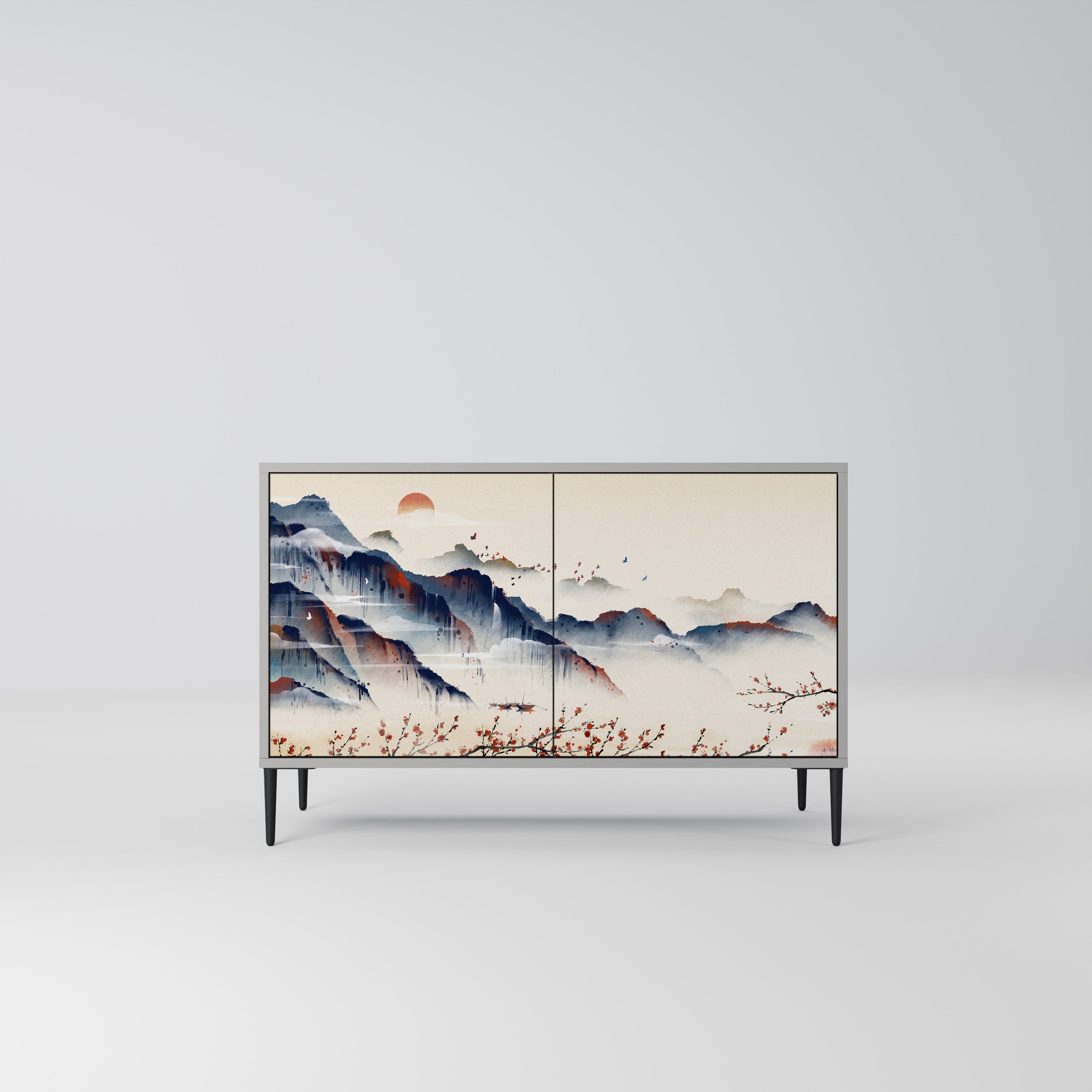Buffet 2 portes PAYSAGE JAPONAIS finition grise