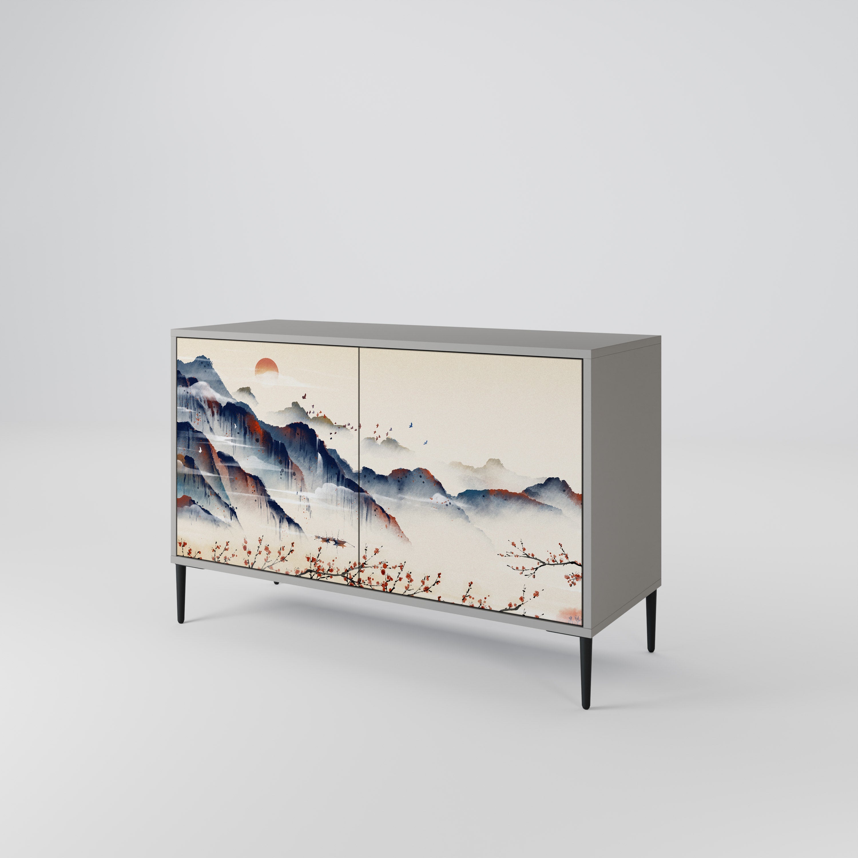 Buffet 2 portes PAYSAGE JAPONAIS finition grise