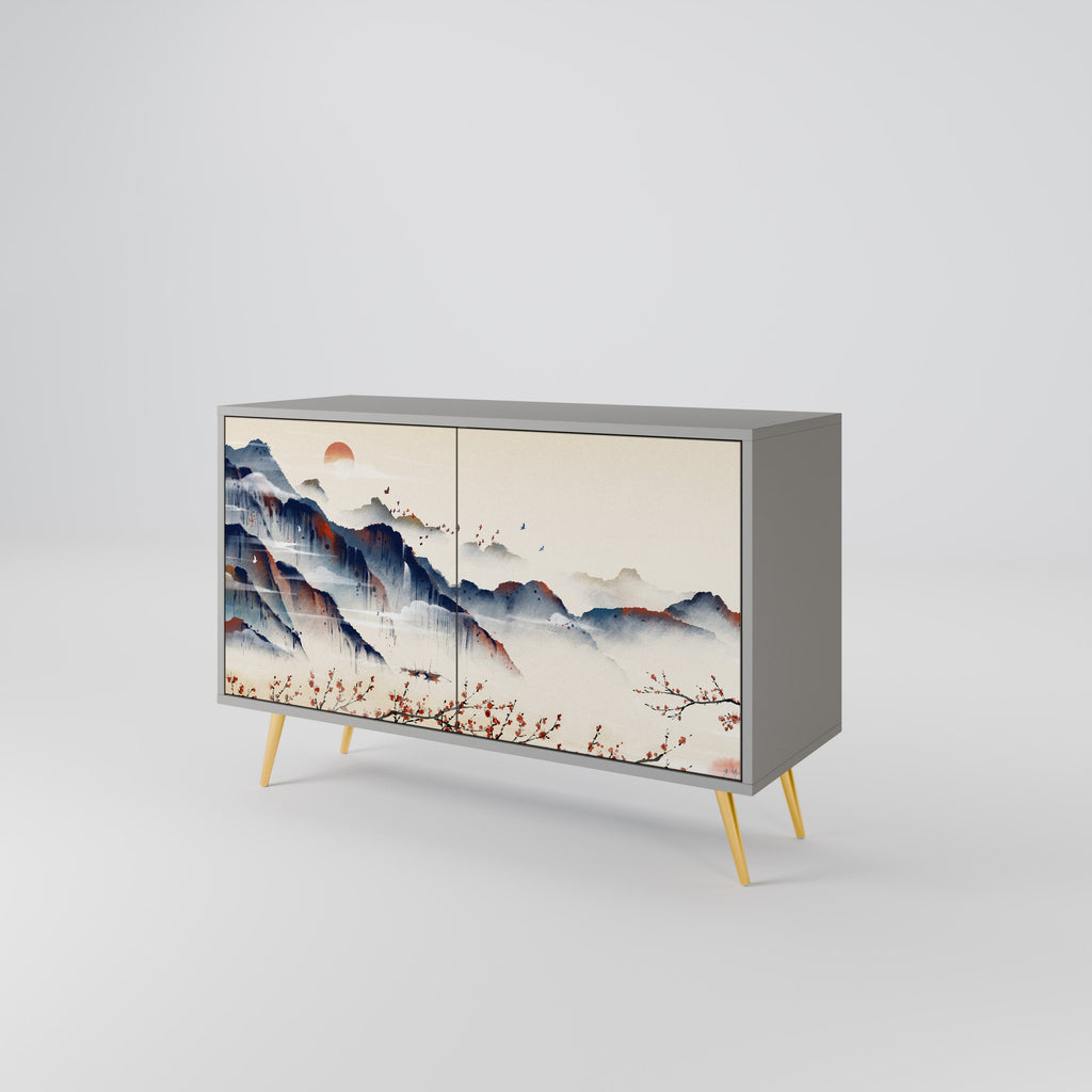 Buffet 2 portes PAYSAGE JAPONAIS finition grise