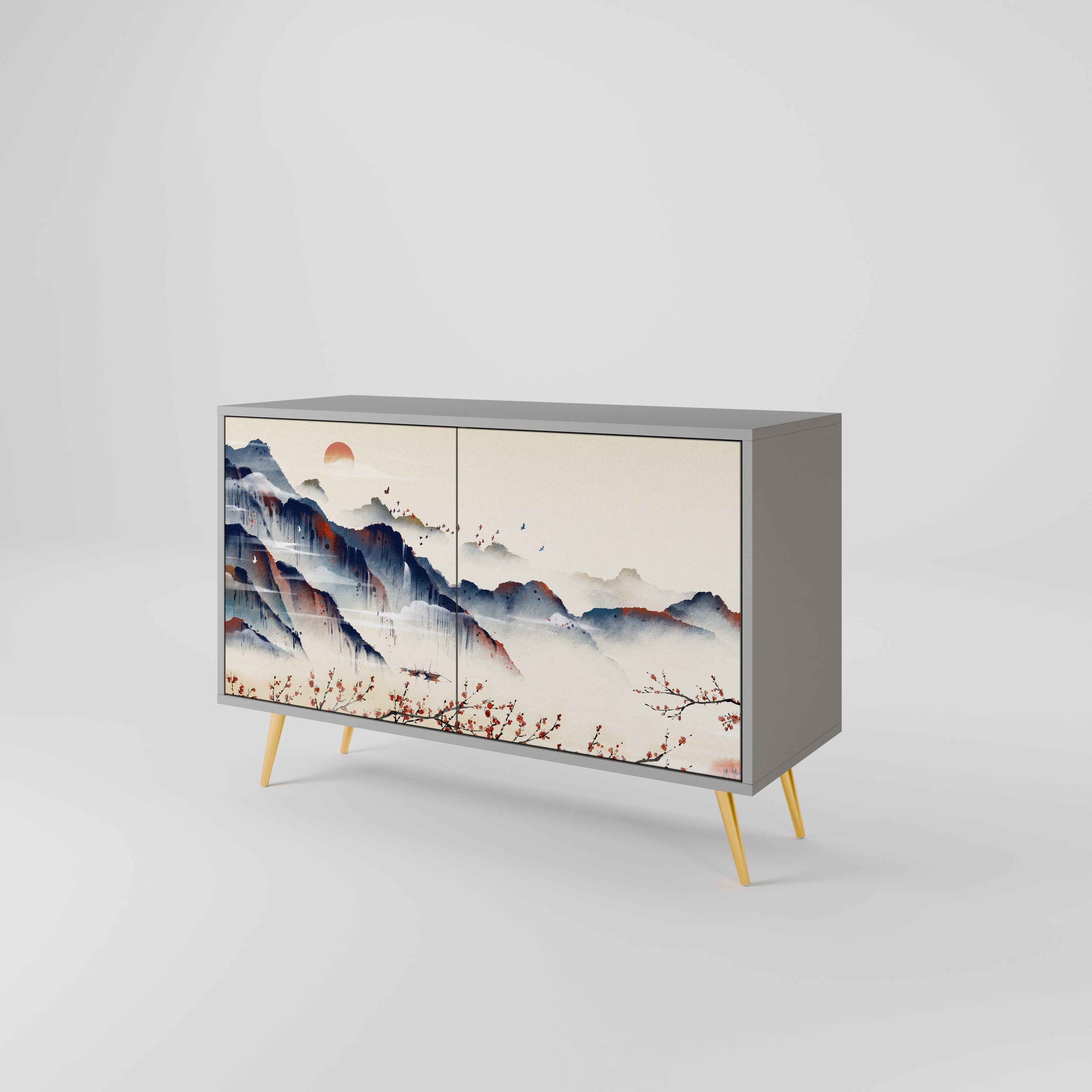 Buffet 2 portes PAYSAGE JAPONAIS finition grise