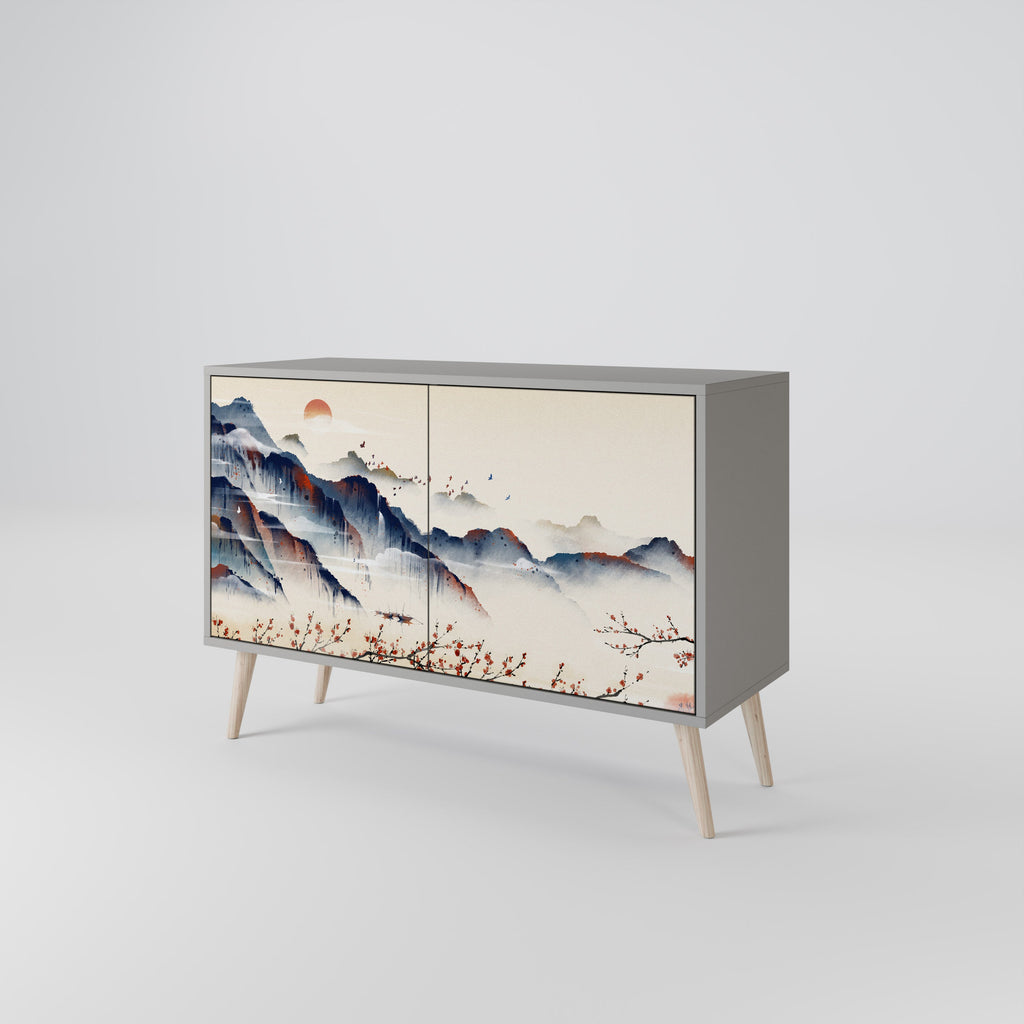 Buffet 2 portes PAYSAGE JAPONAIS finition grise