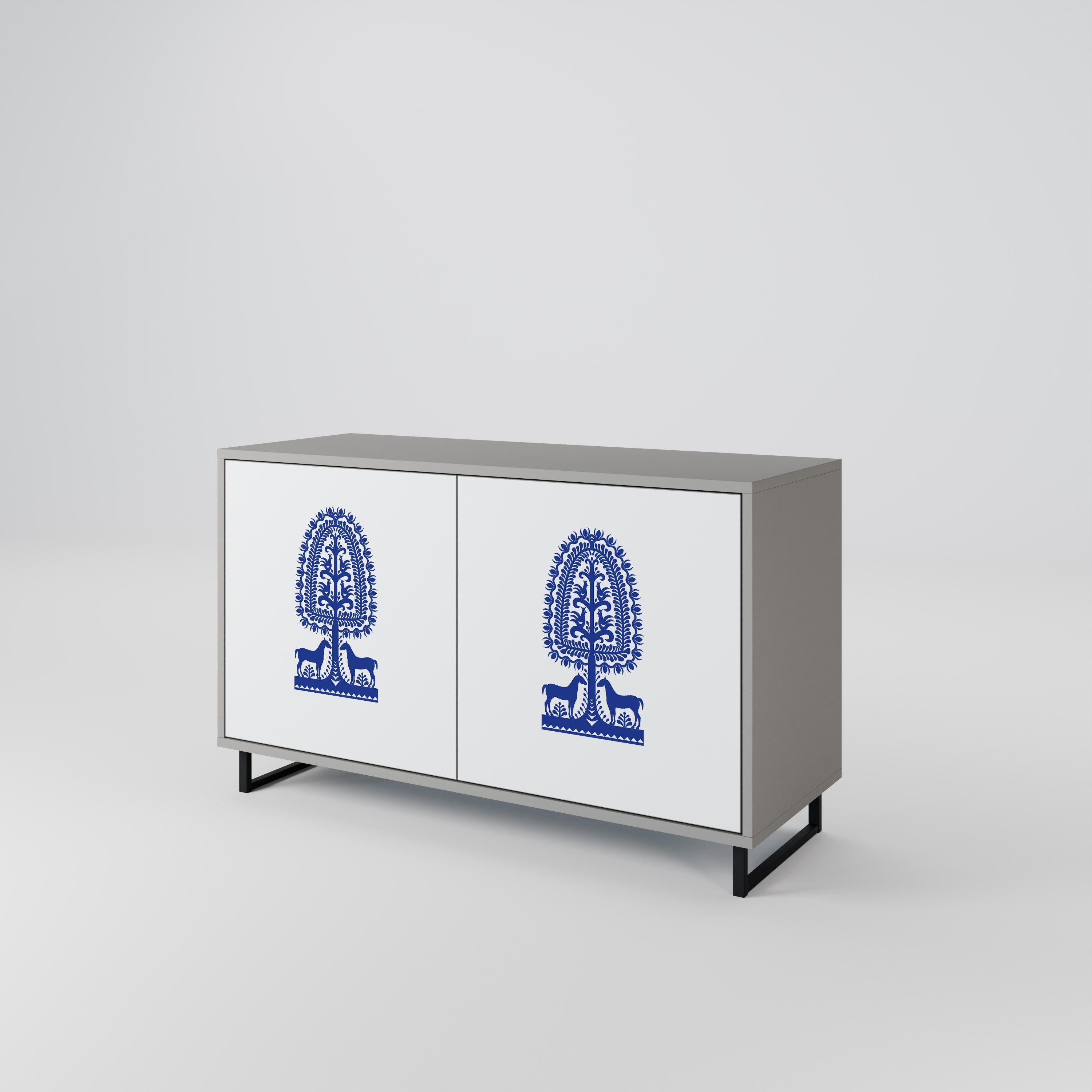 Buffet 2 portes en art populaire polonais, finition grise