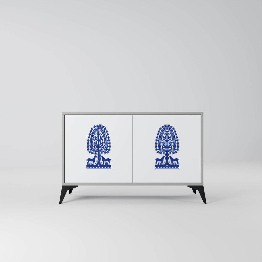 Buffet 2 portes en art populaire polonais, finition grise