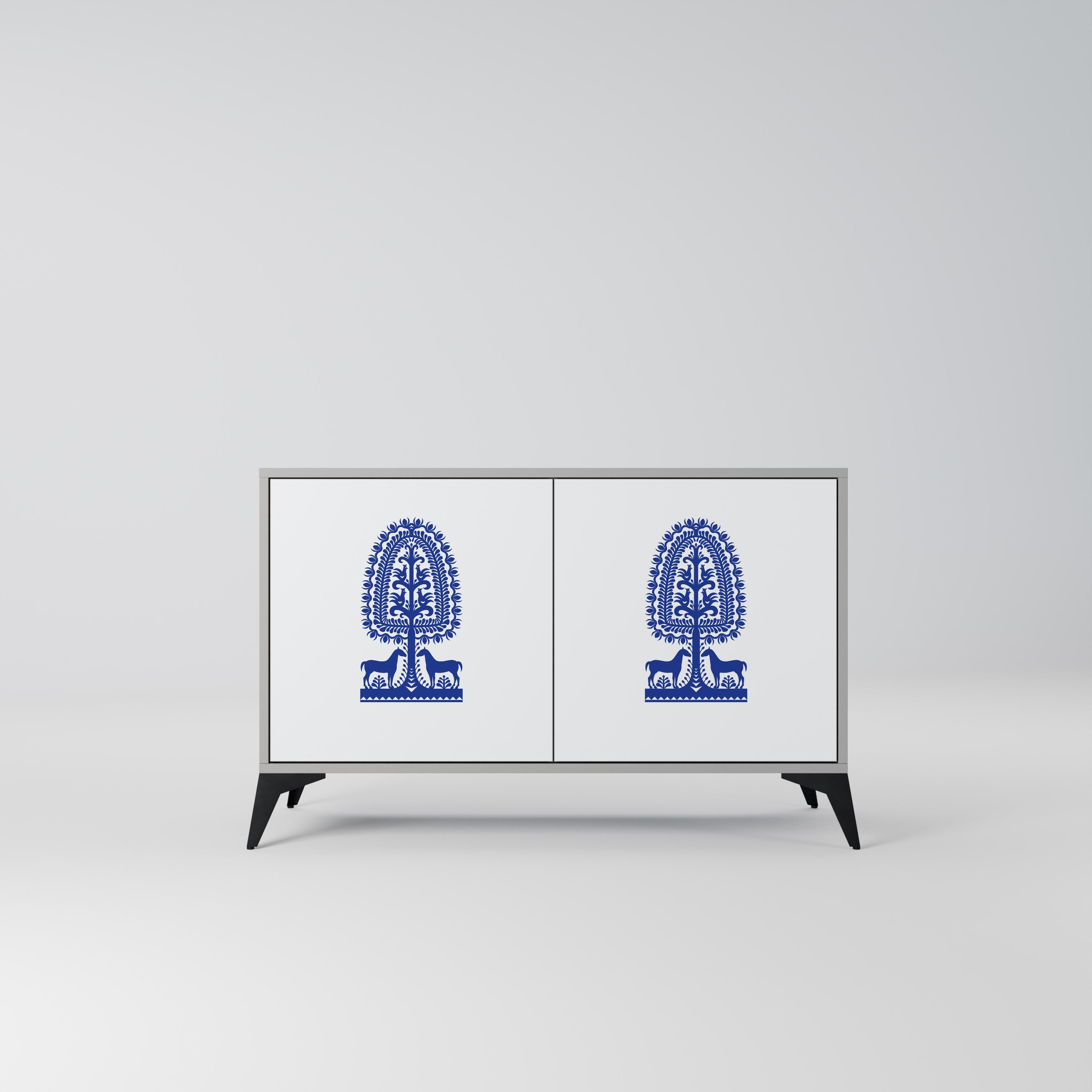 Buffet 2 portes en art populaire polonais, finition grise