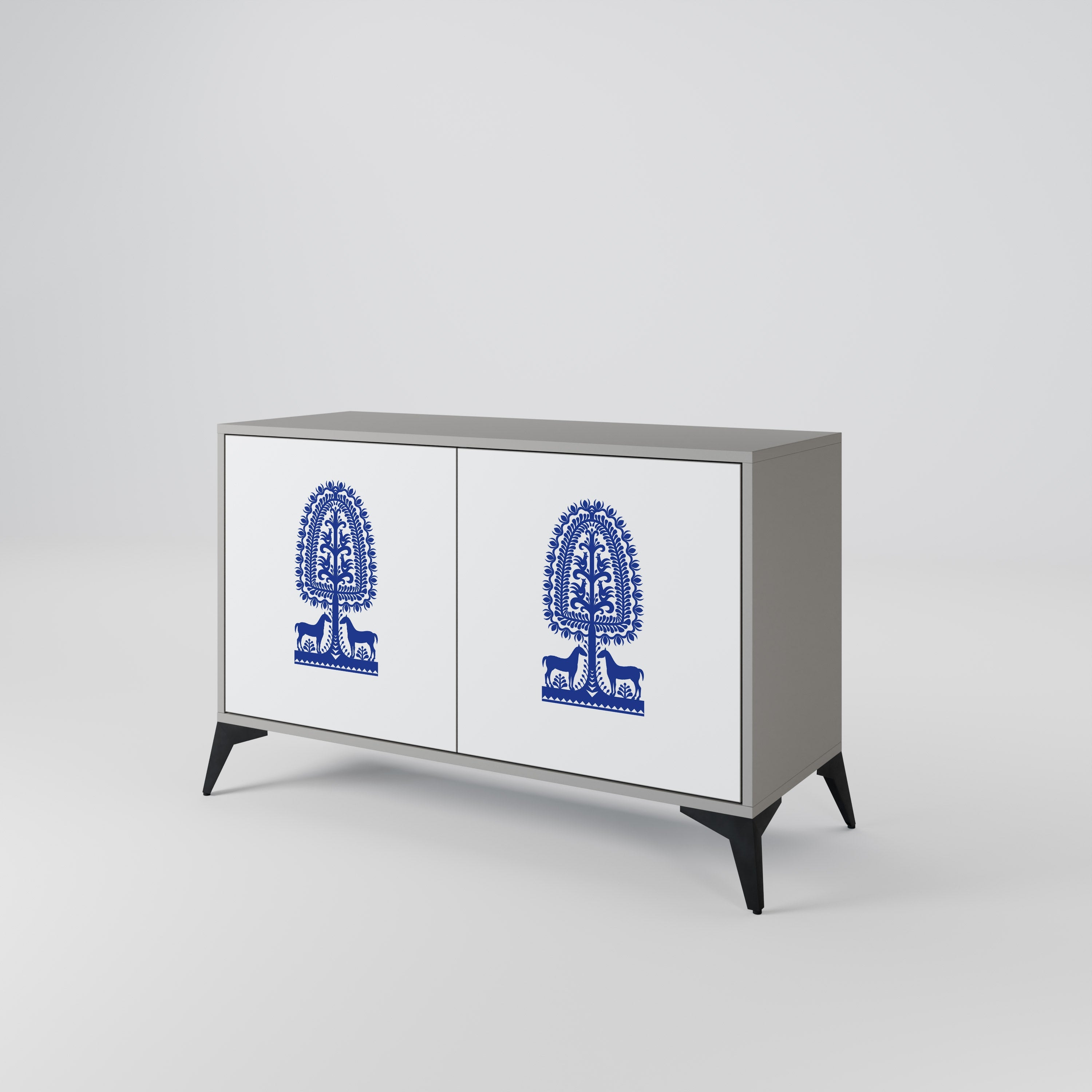 Buffet 2 portes en art populaire polonais, finition grise