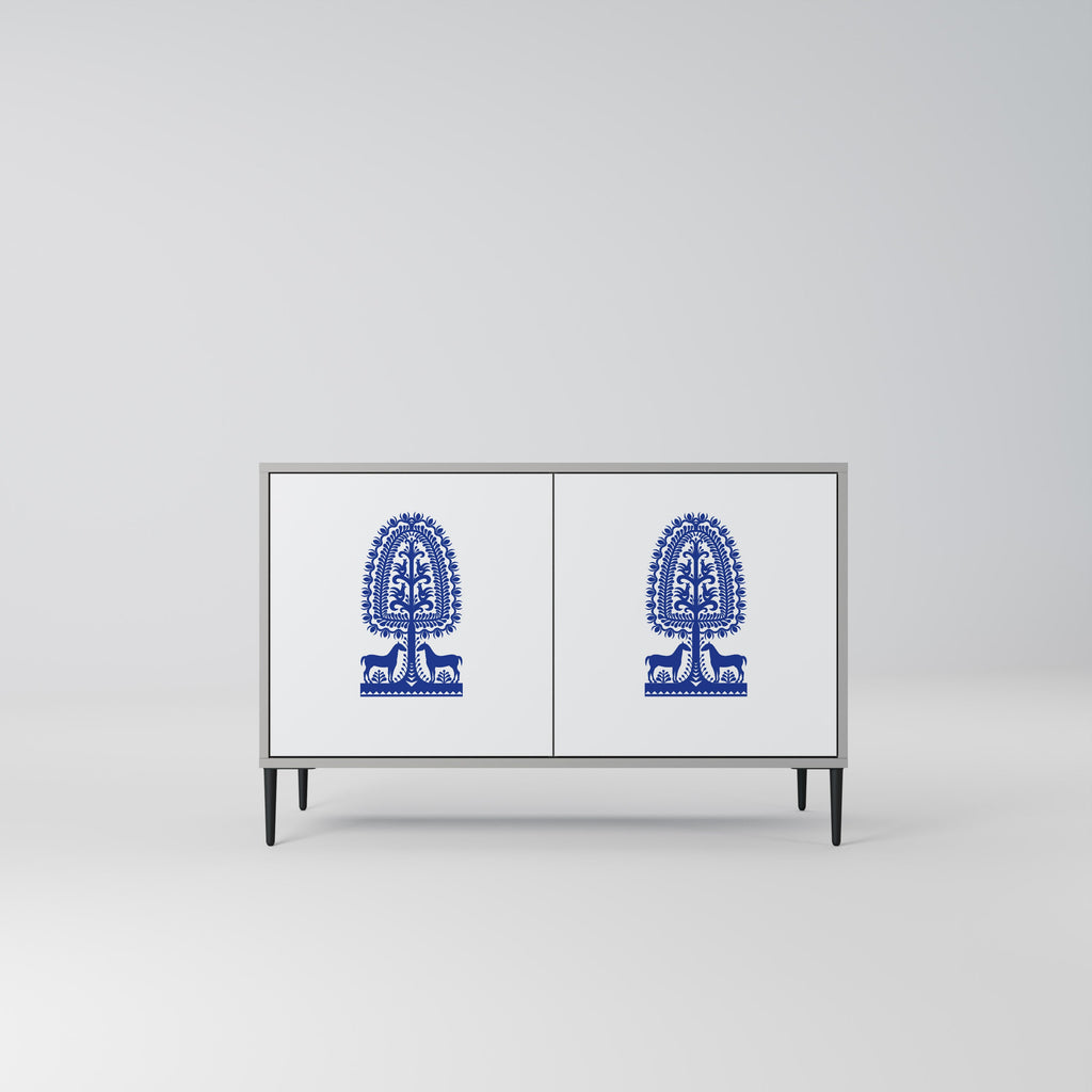 Buffet 2 portes en art populaire polonais, finition grise