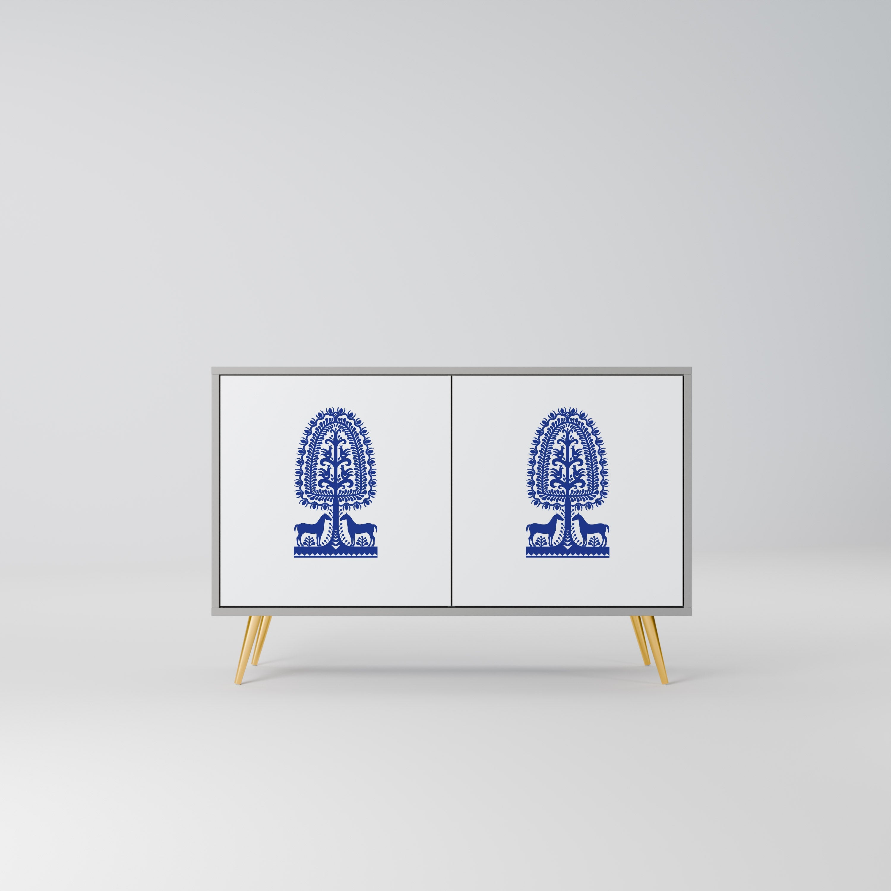 Buffet 2 portes en art populaire polonais, finition grise