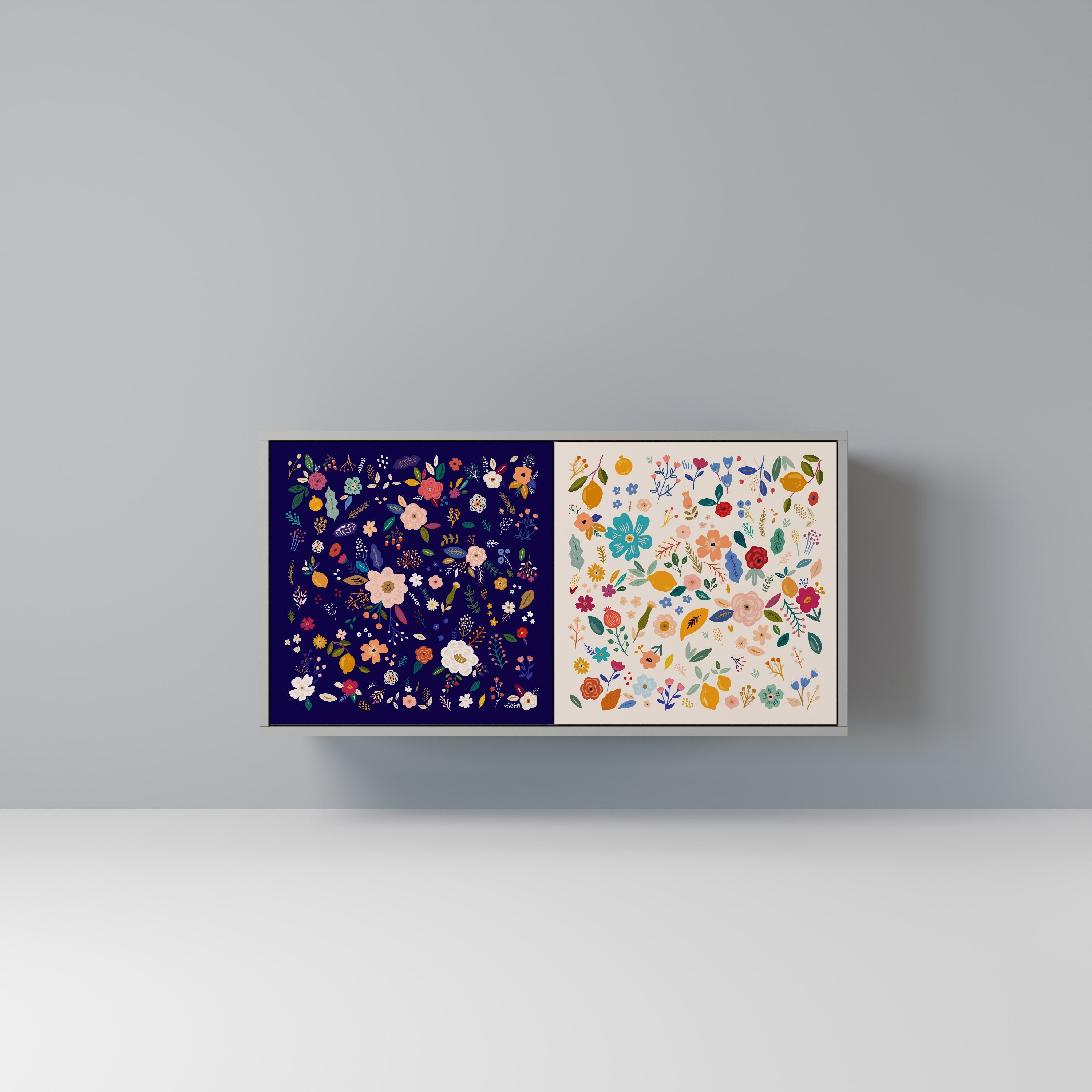 Buffet 2 portes à combinaison florale, finition grise