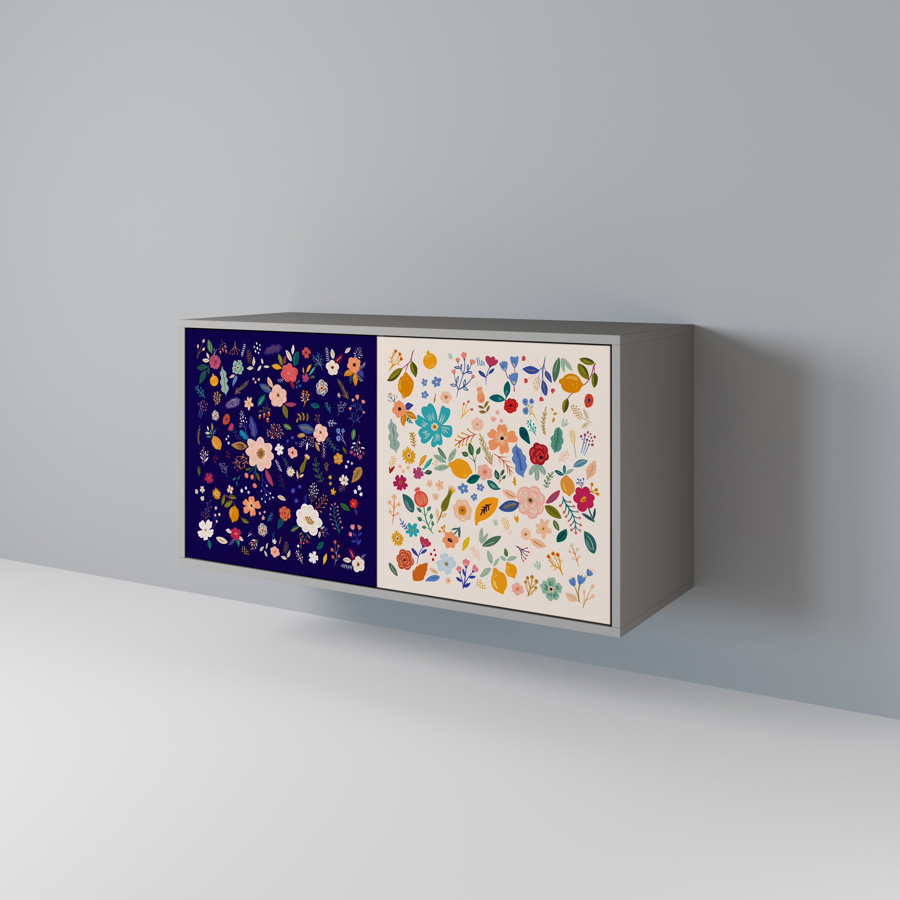 Buffet 2 portes à combinaison florale, finition grise