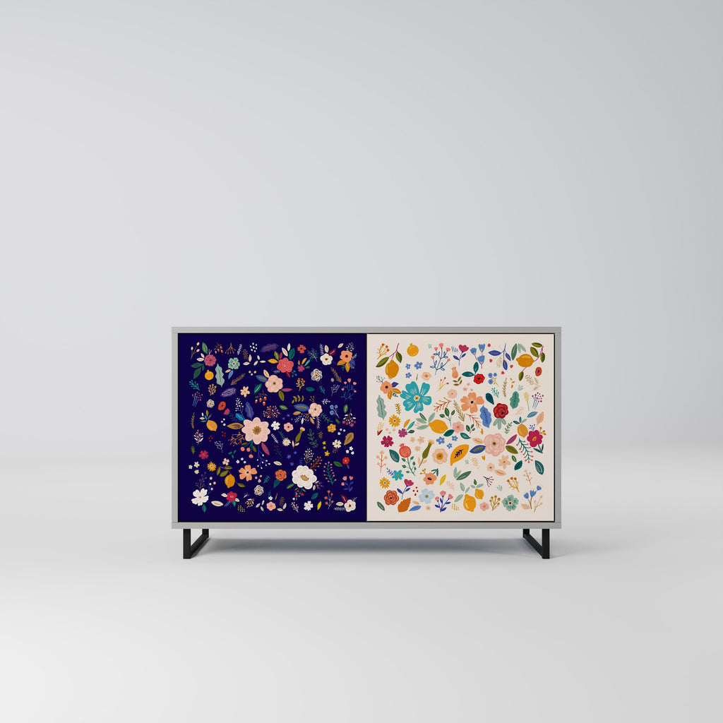 Buffet 2 portes à combinaison florale, finition grise