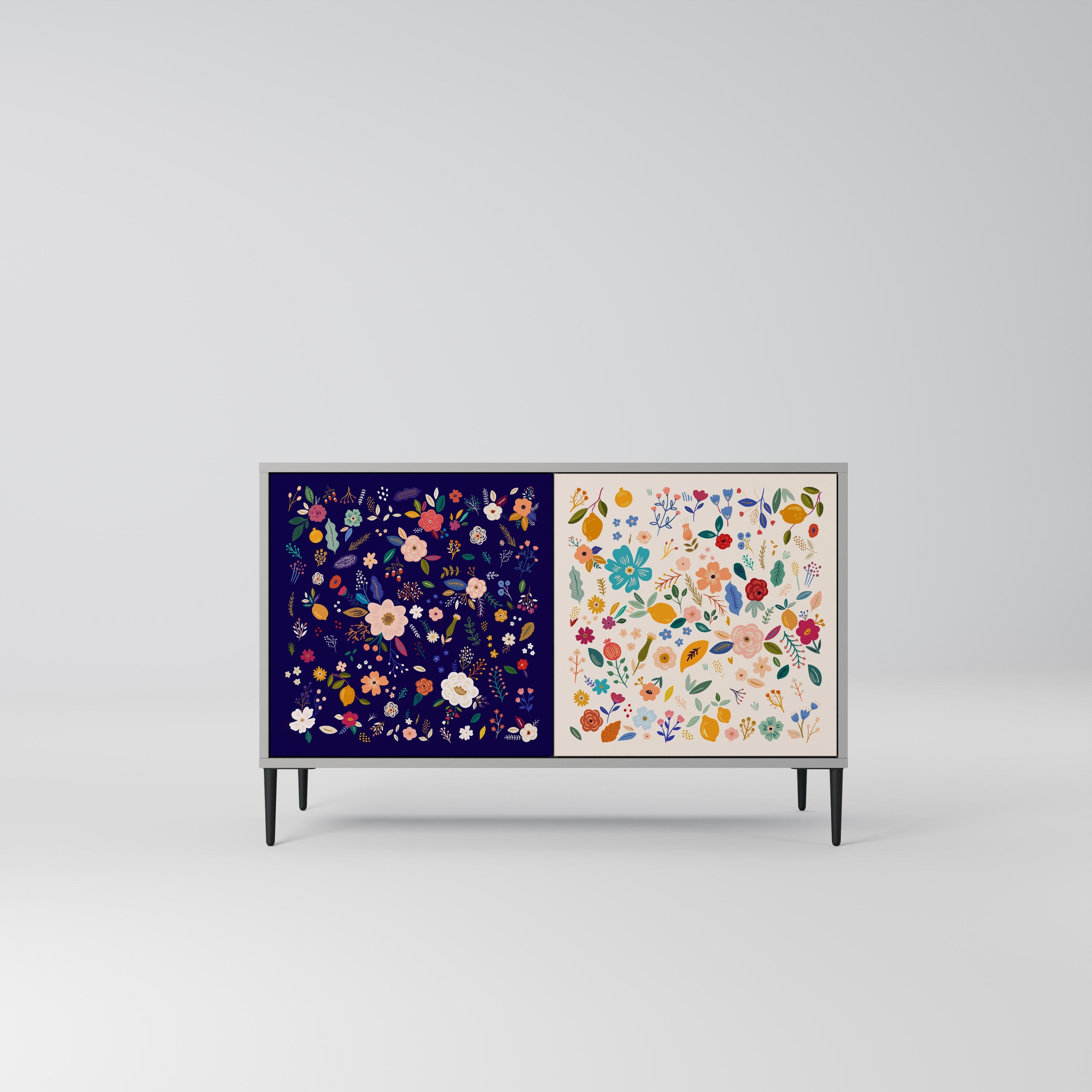 Buffet 2 portes à combinaison florale, finition grise