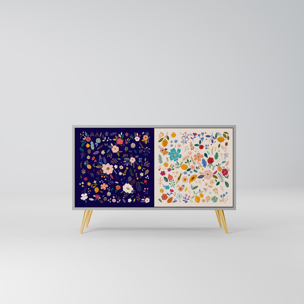 Buffet 2 portes à combinaison florale, finition grise