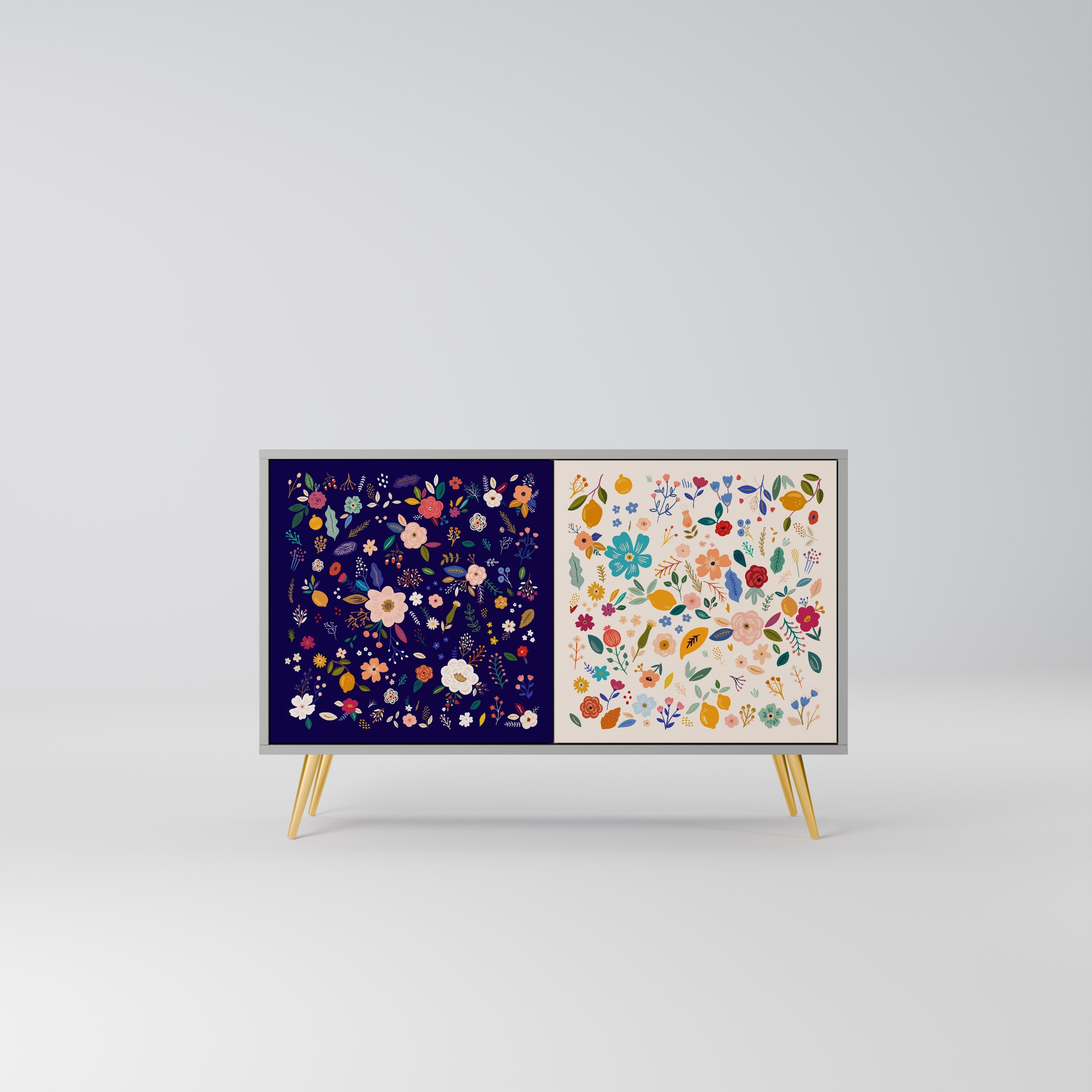 Buffet 2 portes à combinaison florale, finition grise