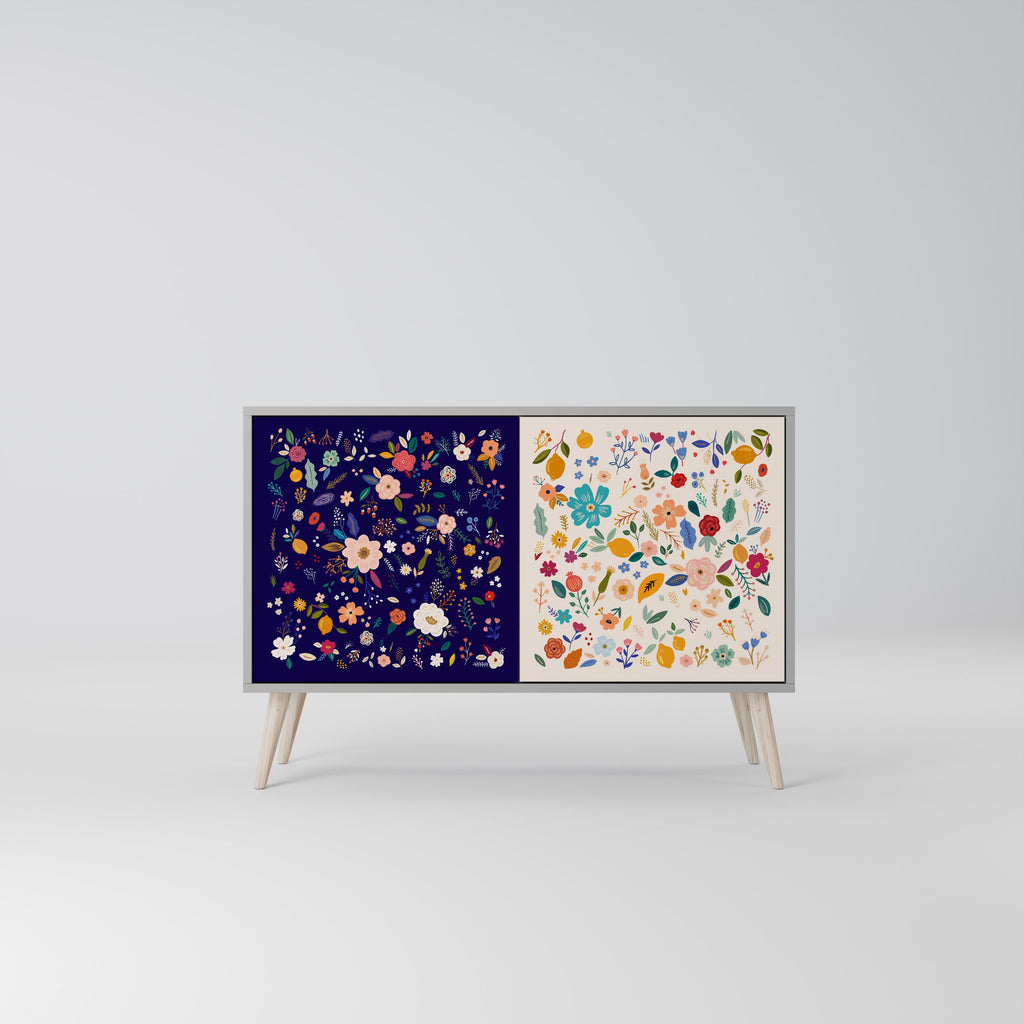 Buffet 2 portes à combinaison florale, finition grise