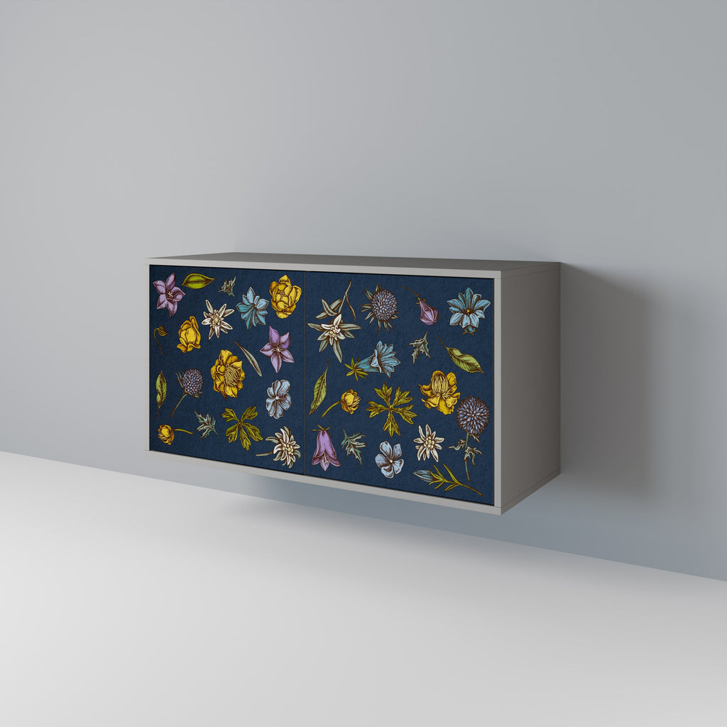 Buffet 2 portes FLOWERS ON NAVY BLUE, finition grise