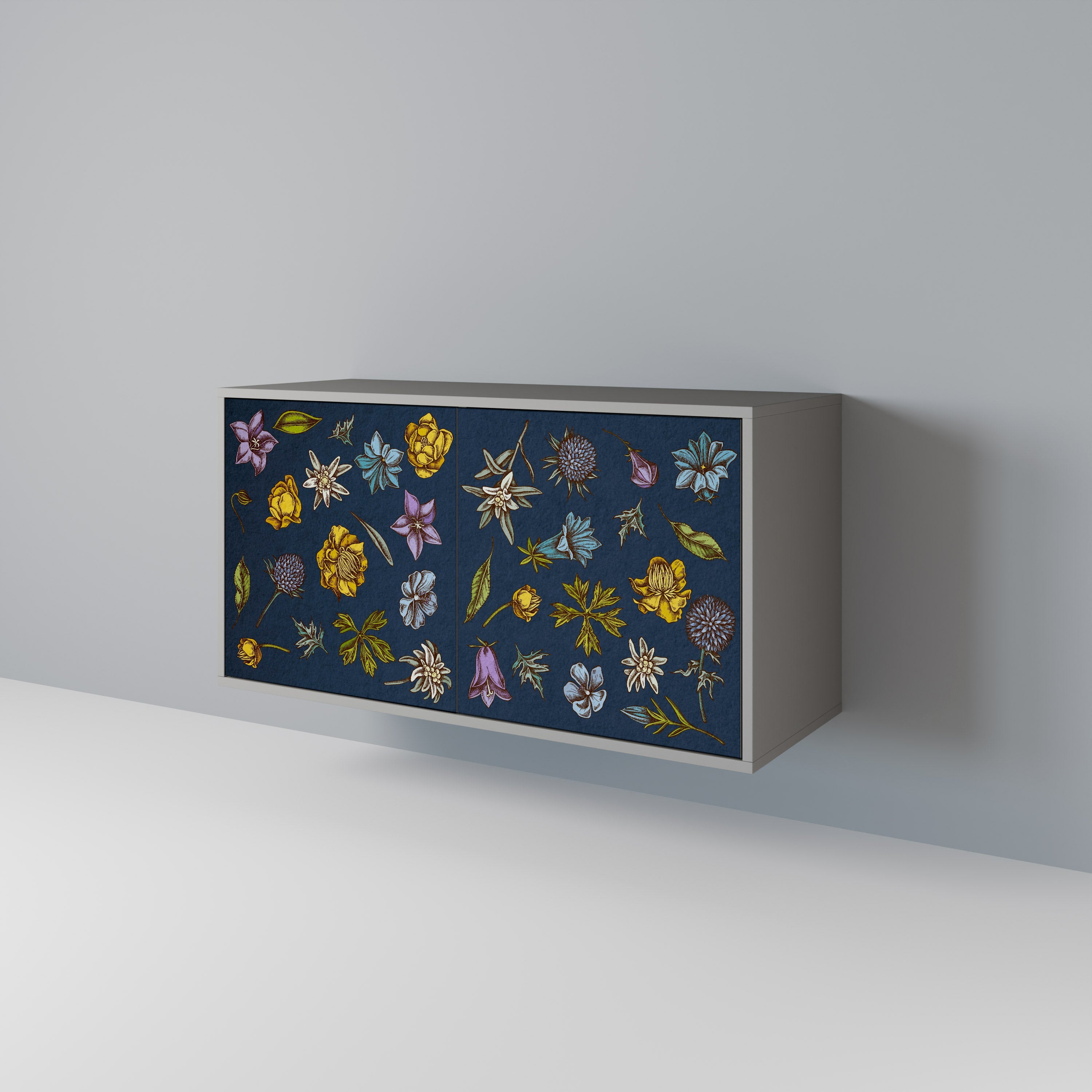 Buffet 2 portes FLOWERS ON NAVY BLUE, finition grise