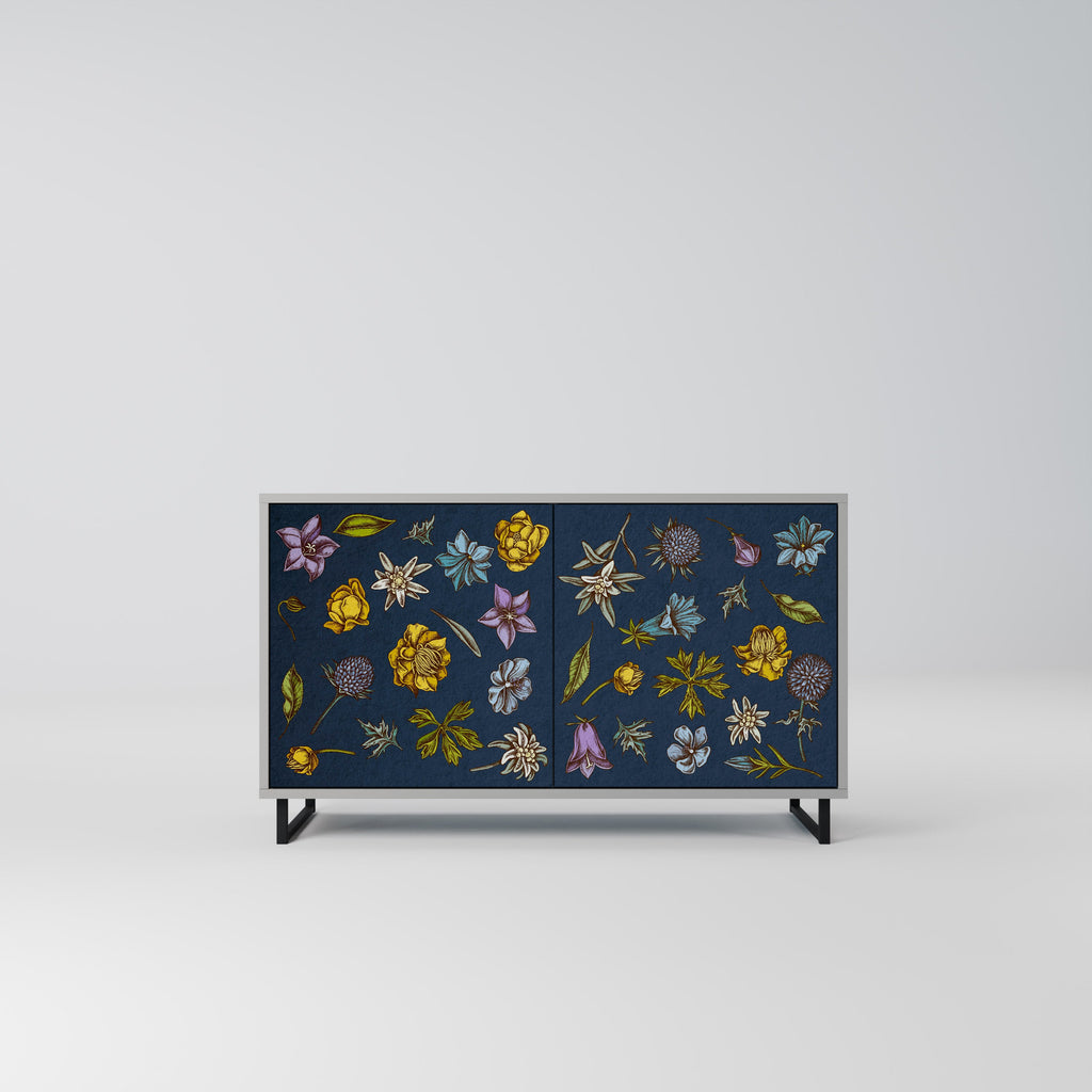 Buffet 2 portes FLOWERS ON NAVY BLUE, finition grise