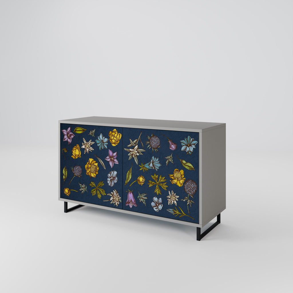 Buffet 2 portes FLOWERS ON NAVY BLUE, finition grise